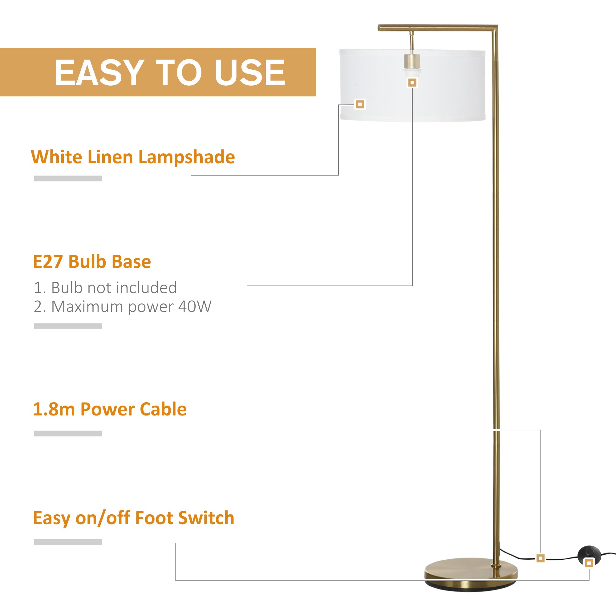 Floor Lamp, Modern Standing Light with Linen Lampshade, Round Base for Living Room, Bedroom, Dining Room, Gold and White