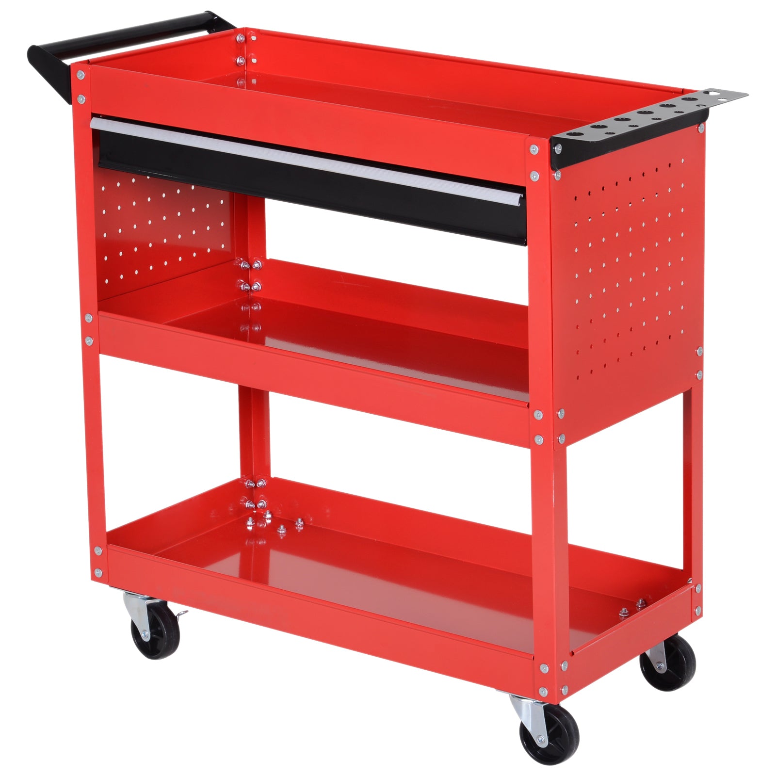 3-Tier Tool Trolley Cart Storage Shelf Roller Cabinet DIY Box Garage Workshop with Drawer Red