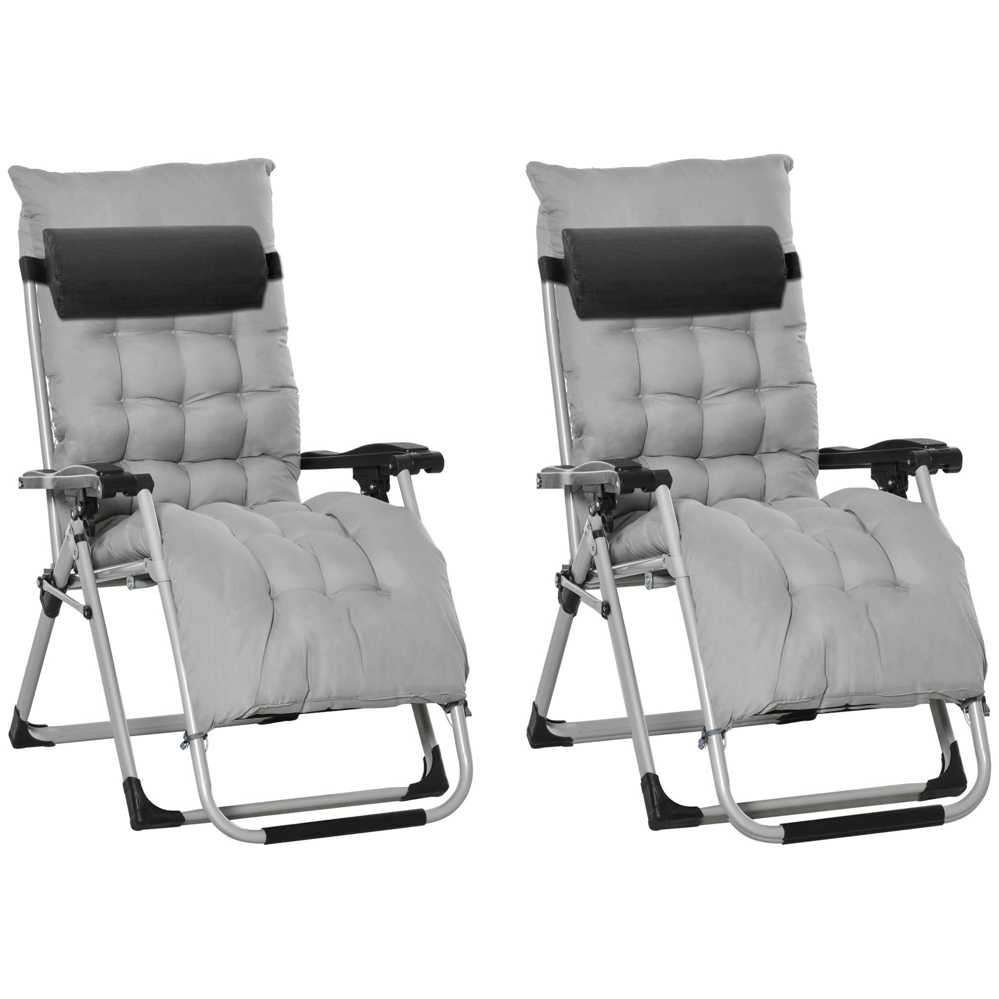 2 Piece Reclining Zero Gravity Chair Folding Garden Sun Lounger with Cushion Headrest Light Grey