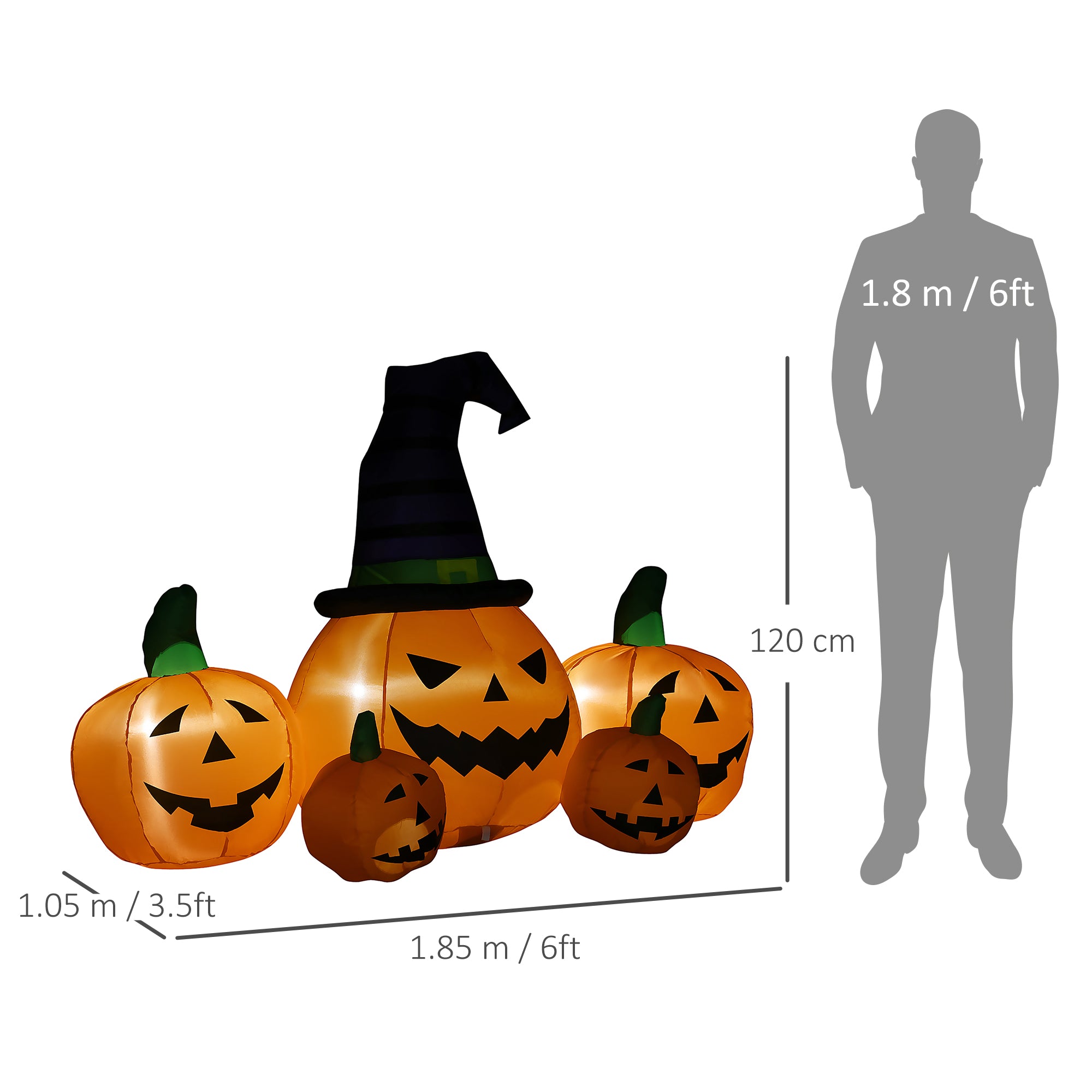 6ft Inflatable Halloween Large Pumpkin with Hat and Four Small Pumpkins LED Outdoor Display - Orange