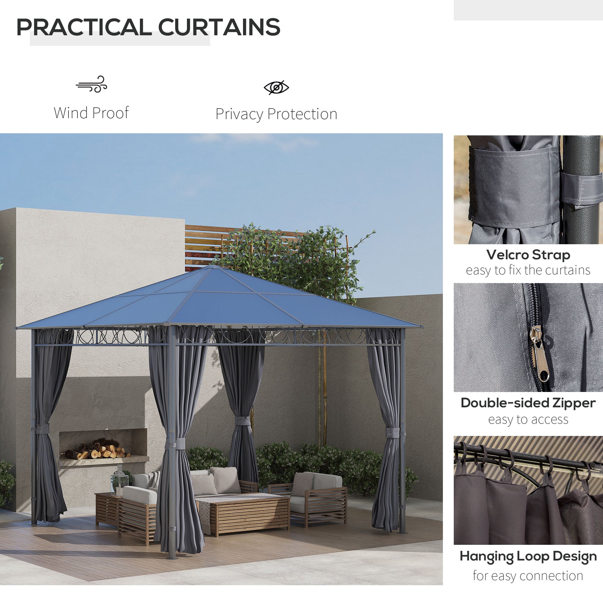 3 x 3(m) Hardtop Gazebo with UV Resistant Polycarbonate Roof, Steel & Aluminum Frame, Garden Pavilion with Curtains, Grey