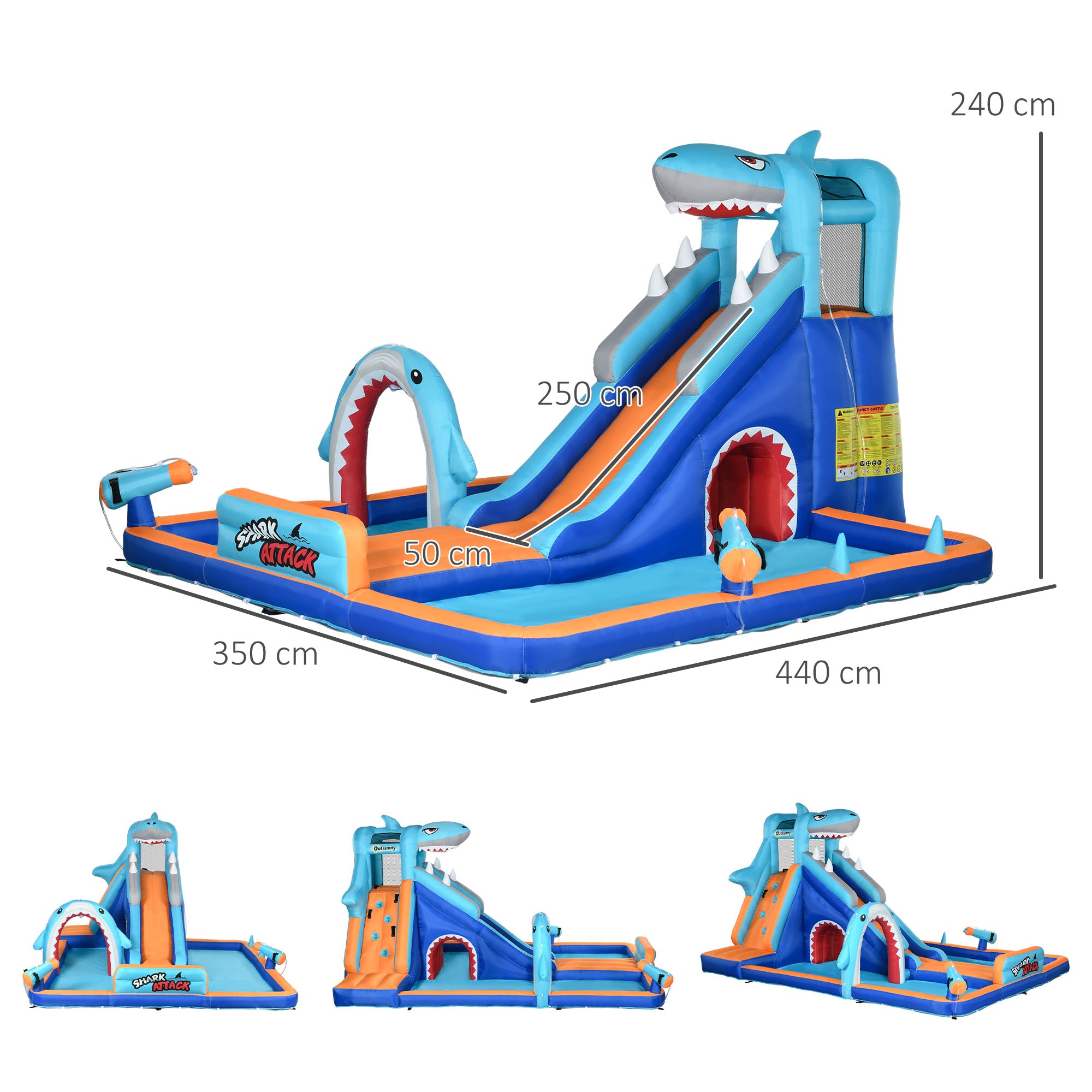 6 in 1 Shark-Themed Bouncy Castle, Inflatable Water Park, with Slide, Pool, Trampoline, Blower, for Ages 3-8 Years