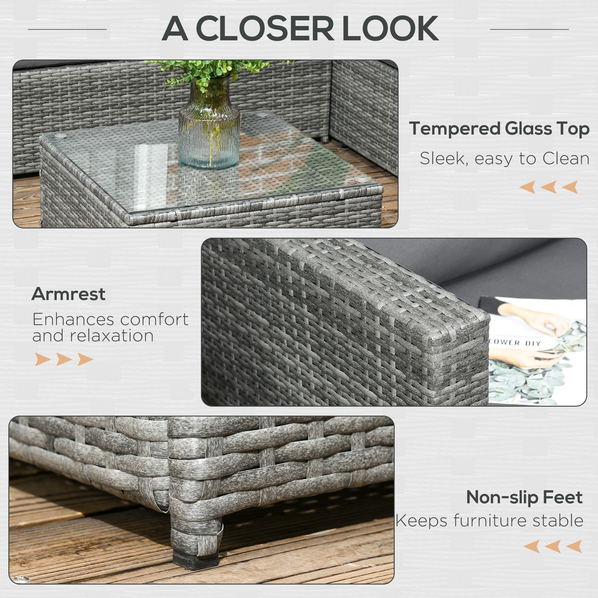 4-Seater Rattan Garden Furniture Outdoor Patio Corner Sofa Chair Set with Coffee Table Thick Cushions, Grey