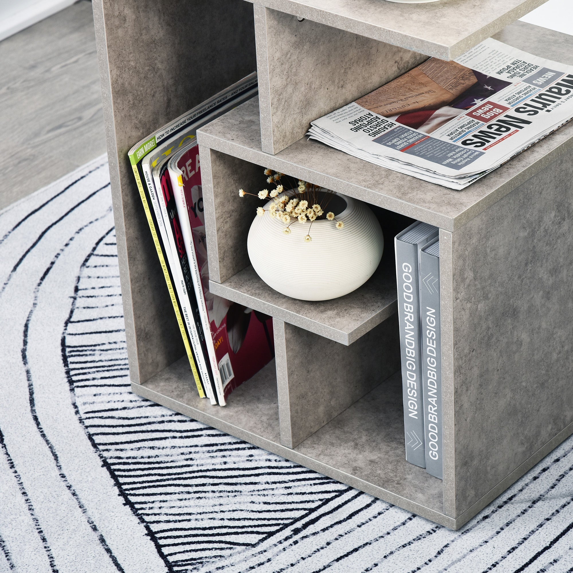 Side Table, 3 Tier End Table with Open Storage Shelves, Living Room Coffee Table Organiser Unit, Cement Colour