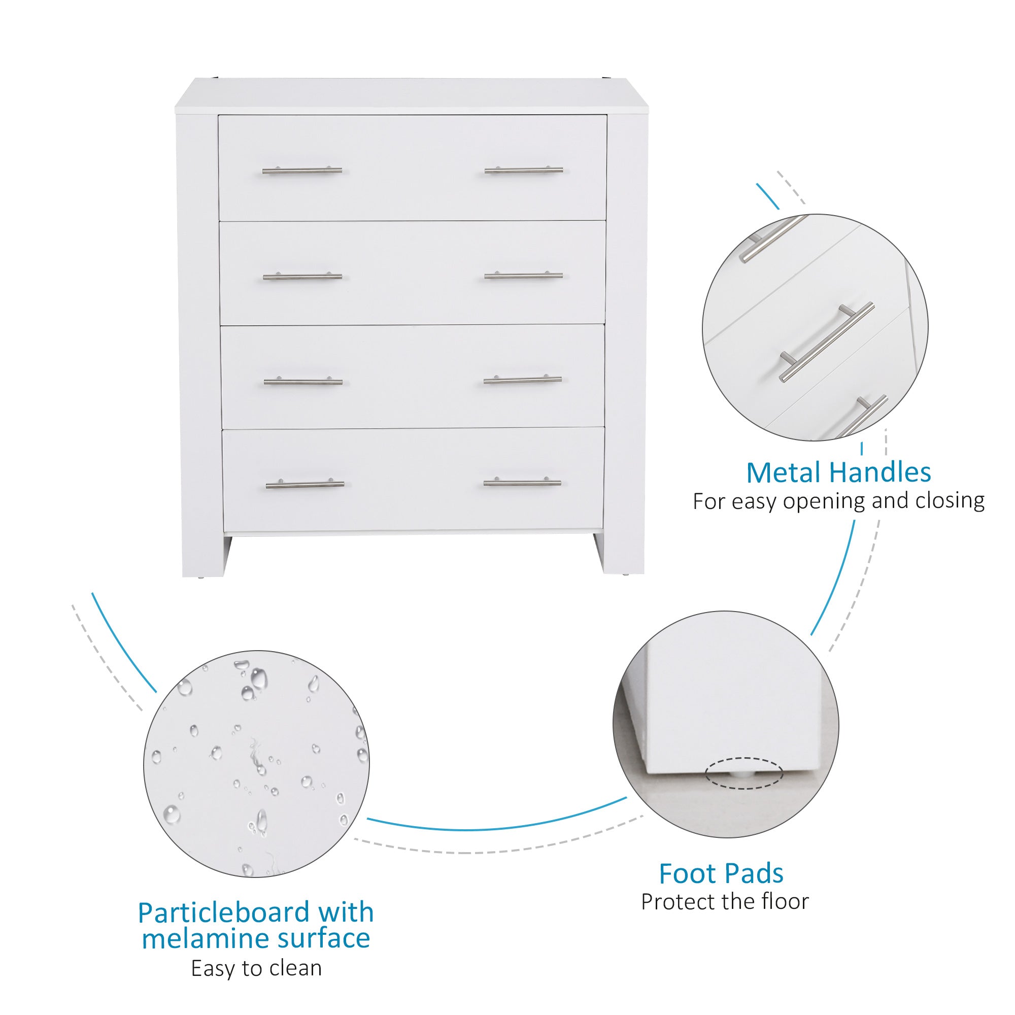 4-Drawer Chest of Drawers, Storage Organizer Unit with Metal Handles Base Freestanding Unit Furnishing Living Room, White