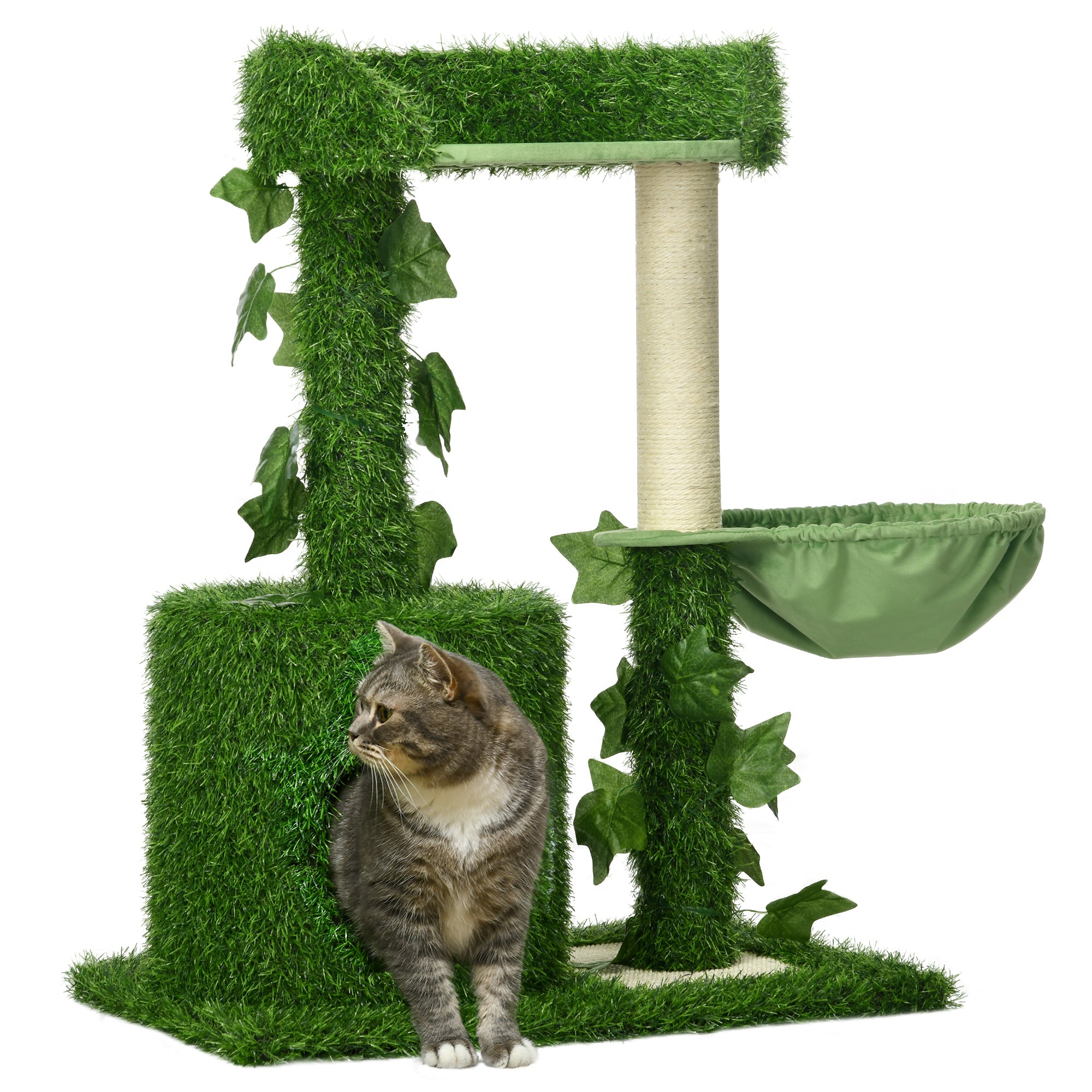 77cm Cat Tree for Indoor Cats with Green Leaves, Multi Levels Cat Climbing Tree with Sisal Scratching Posts, Perch Hammock, Condo Green