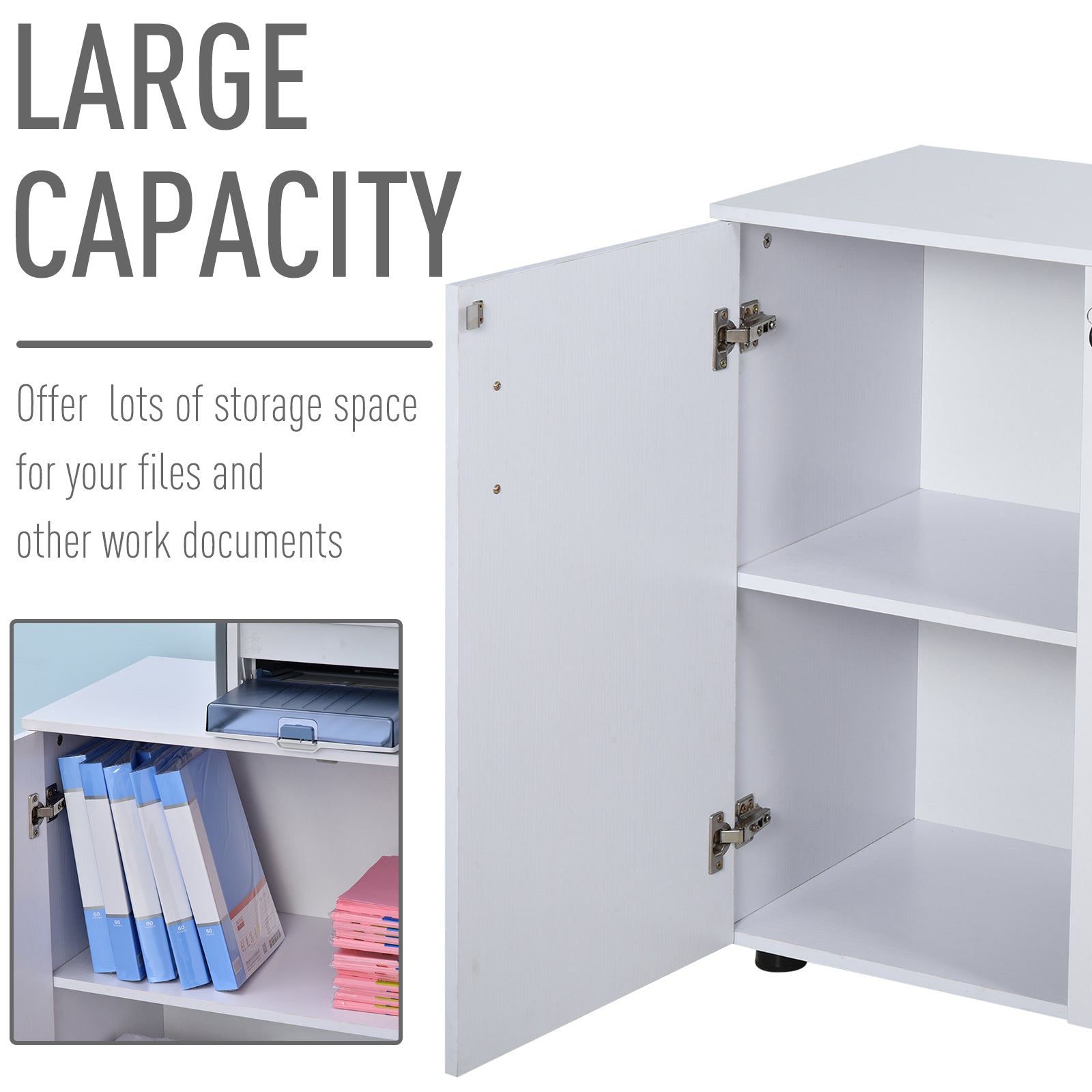 2-Tier Locking Office Storage Cabinet File Organisation w/ Feet Melamine Coating Aluminium Handles 2 Keys Stylish White