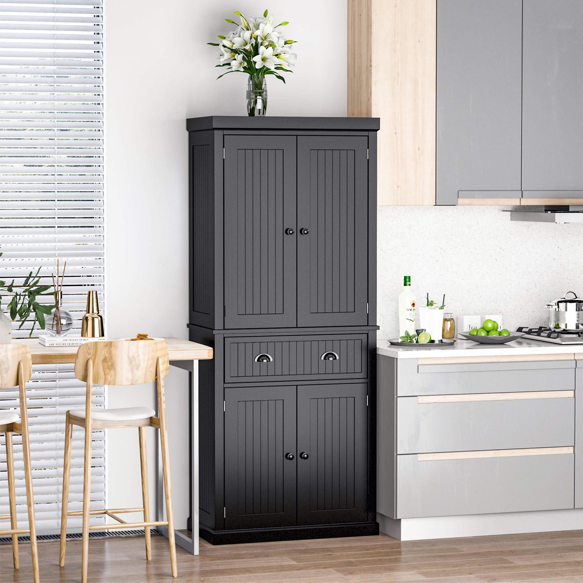 Traditional Kitchen Cupboard Freestanding Storage Cabinet with Drawer, Doors and Adjustable Shelves, Black