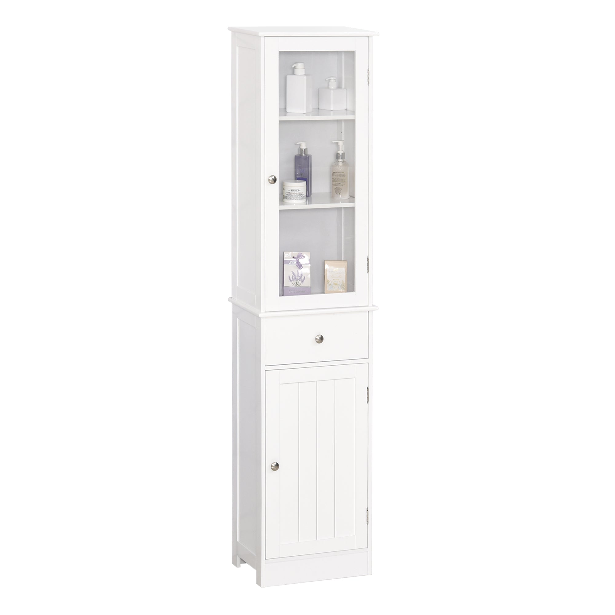 Bathroom Storage Cabinet with 3-tier Shelf Drawer Door, Floor Cabinet Free Standing Tall Slim Side Organizer Shelves, White