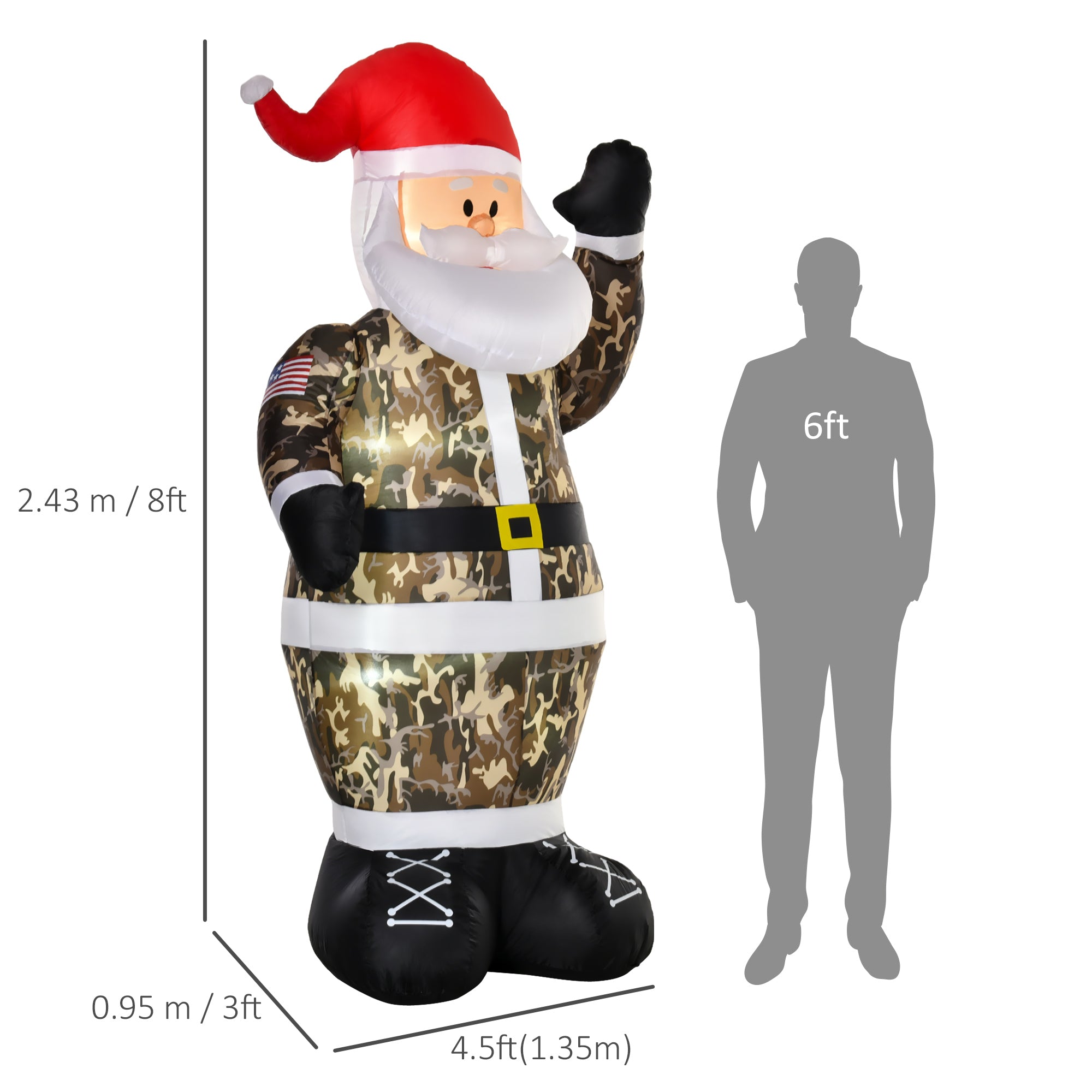 8ft Christmas Inflatable Outdoor Santa Claus Saluting in Camouflage, Blow Up Yard Decoration Built-in LED Lights for Holiday Party Xmas Garden