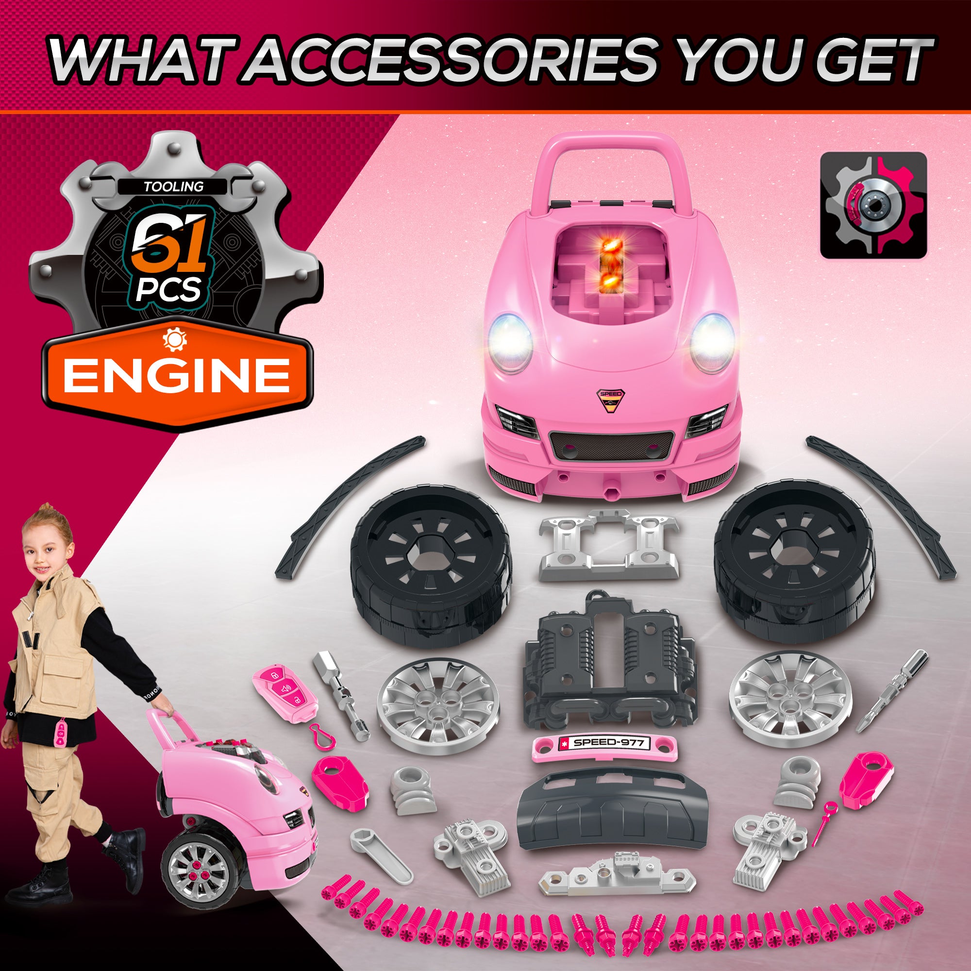 Kids Truck Engine Toy Set, with Horn, Light, Car Key, for Ages 3-5 Years - Pink