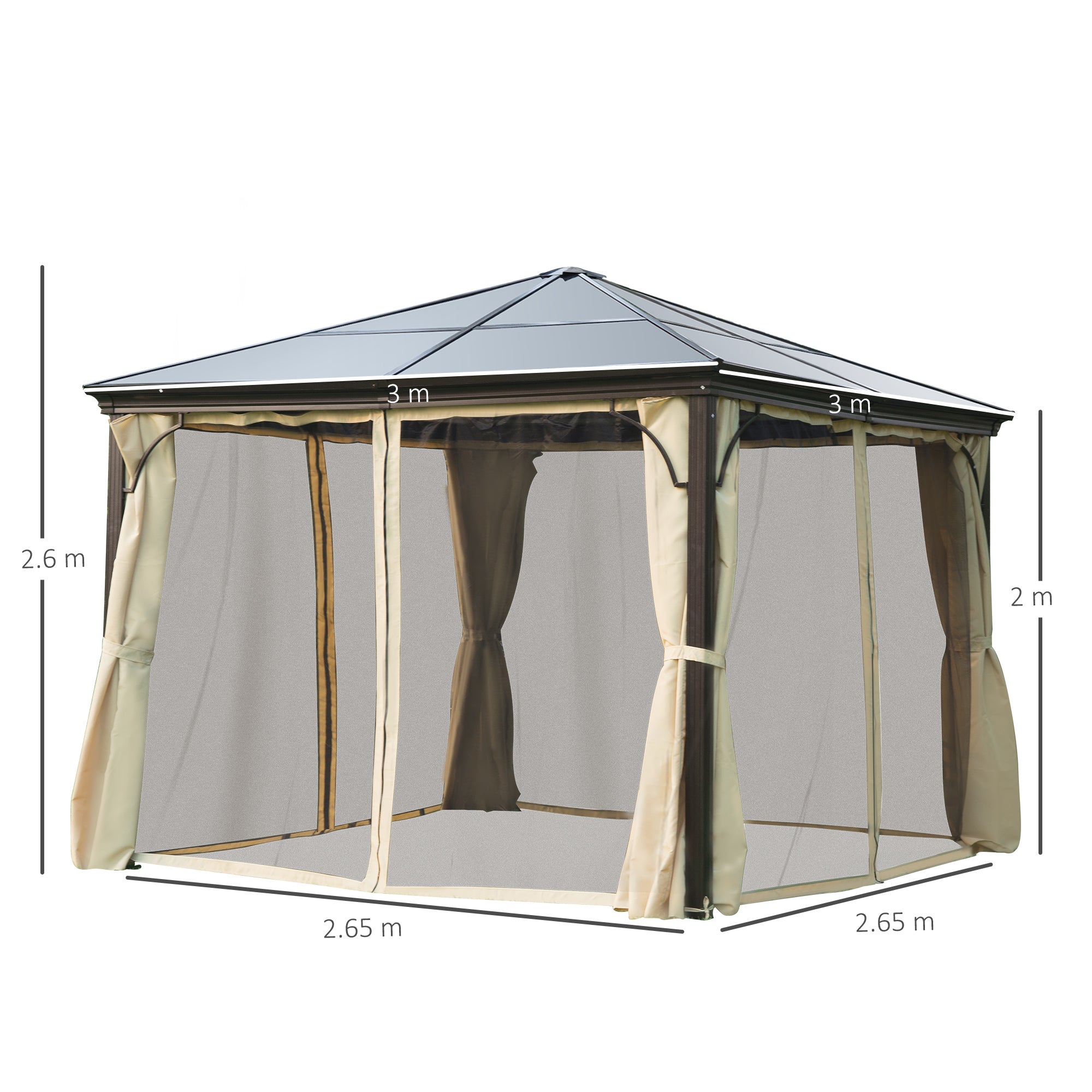 3 x 3(m) Hardtop Gazebo Canopy with Polycarbonate Roof and Aluminium Frame, Garden Pavilion with Mosquito Netting and Curtains, Brown