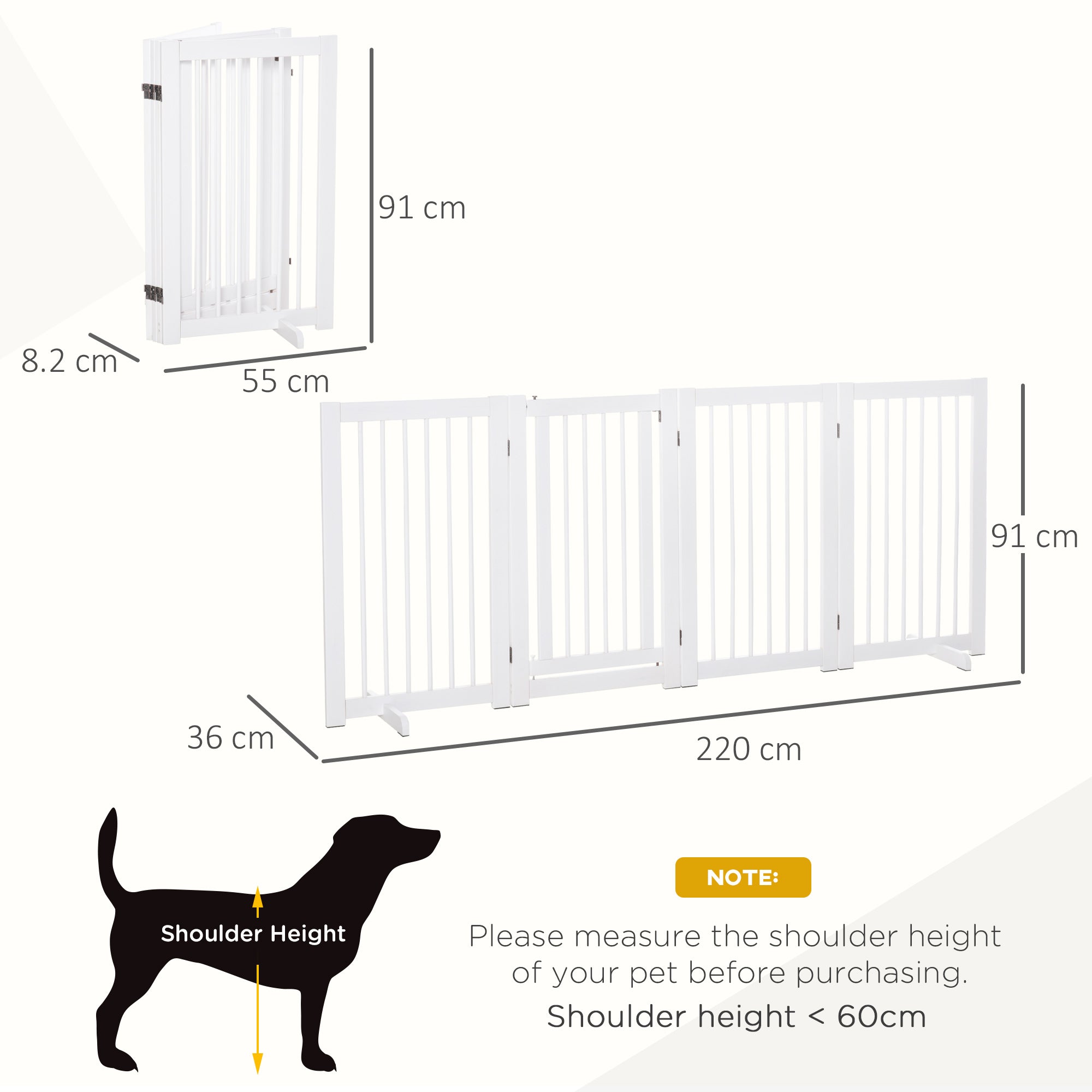 Wooden Freestanding Pet Gate 4 Panels 91cm Foldable Dog Safety Fence with 2 Support Feet Walk-through Door for Doorway Stairs White