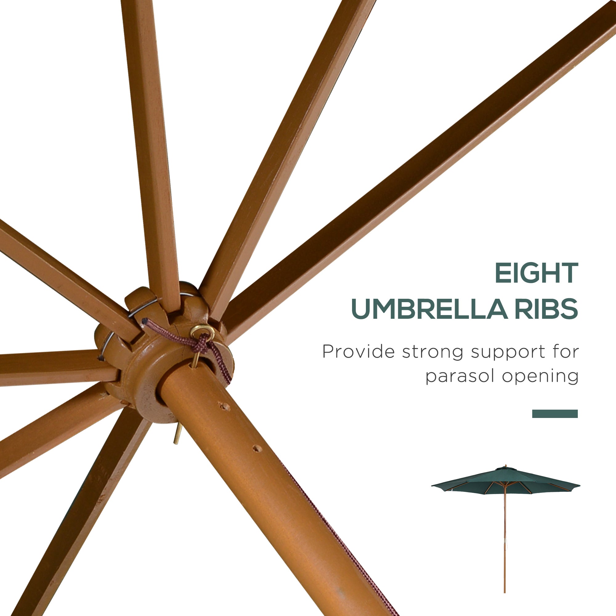 3 Metre Wooden Patio Umbrella with Pulley and Tilt Mechanism - Dark Green