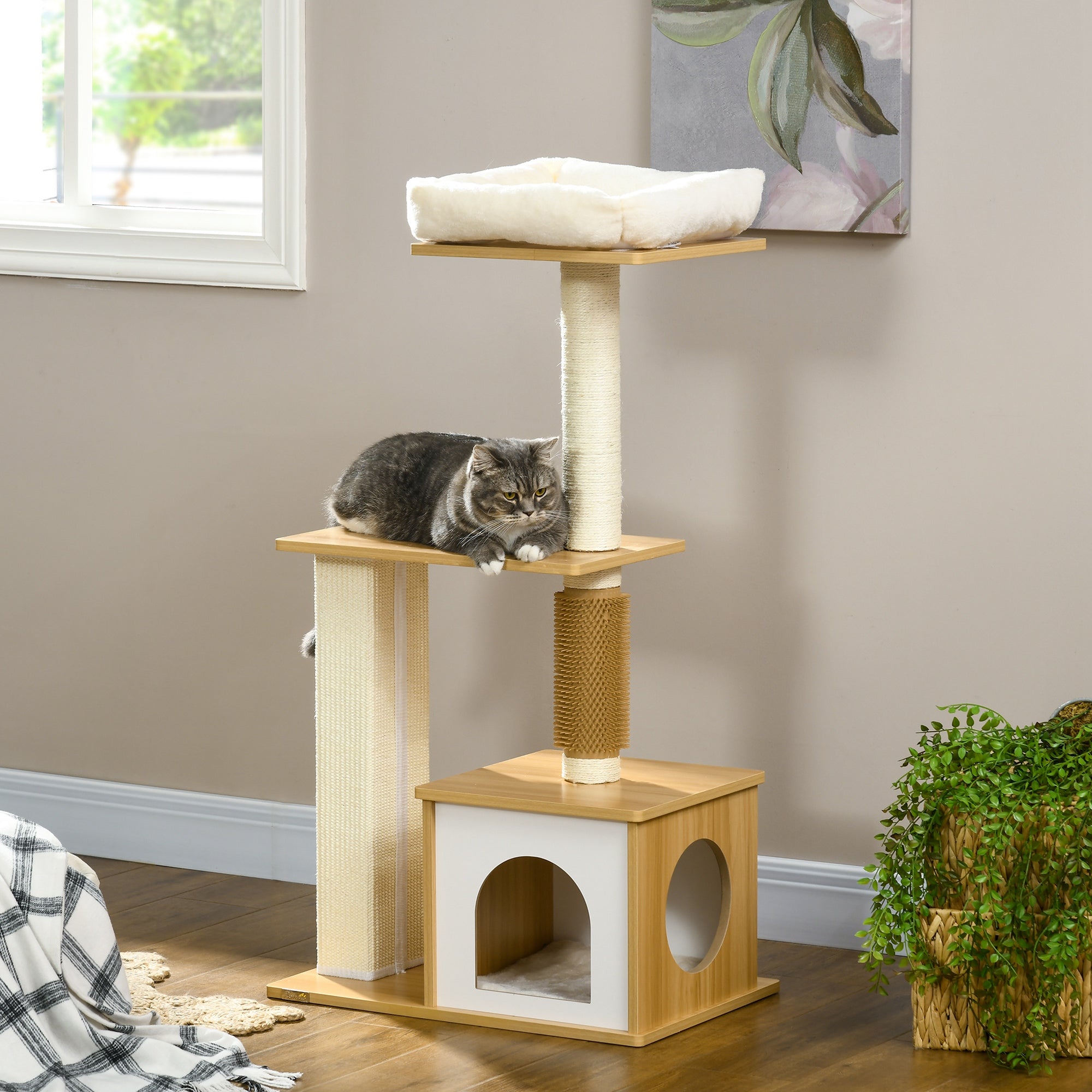 Cat Tree with Scratching Posts, Cat House, Cat Bed, Perches, 59.5 x 39.5 x 114 cm, Oak Tone