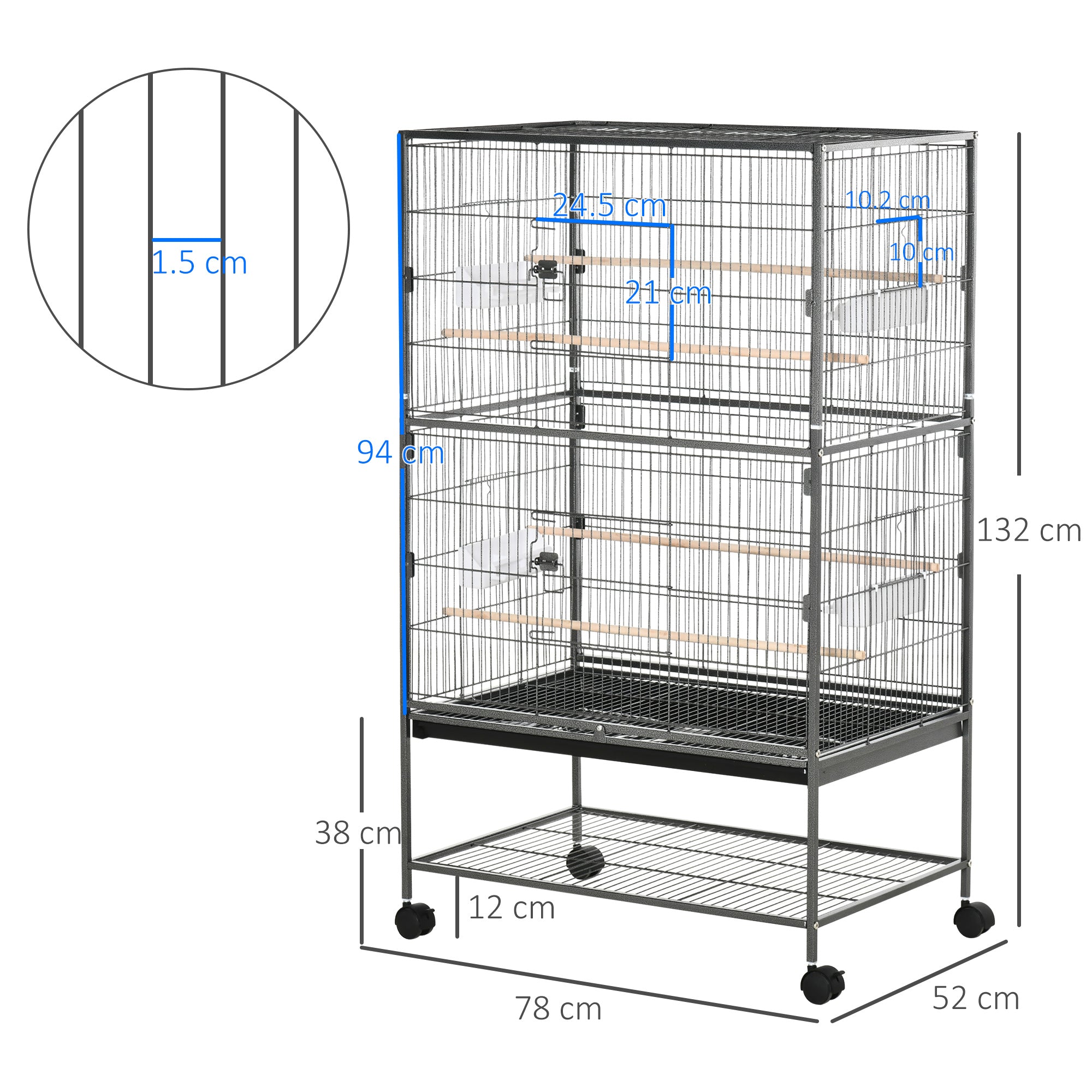 Large Bird Cage for Budgie Finch Canaries Parakeet with Rolling Stand, Tray & Storage Shelf - Dark Grey