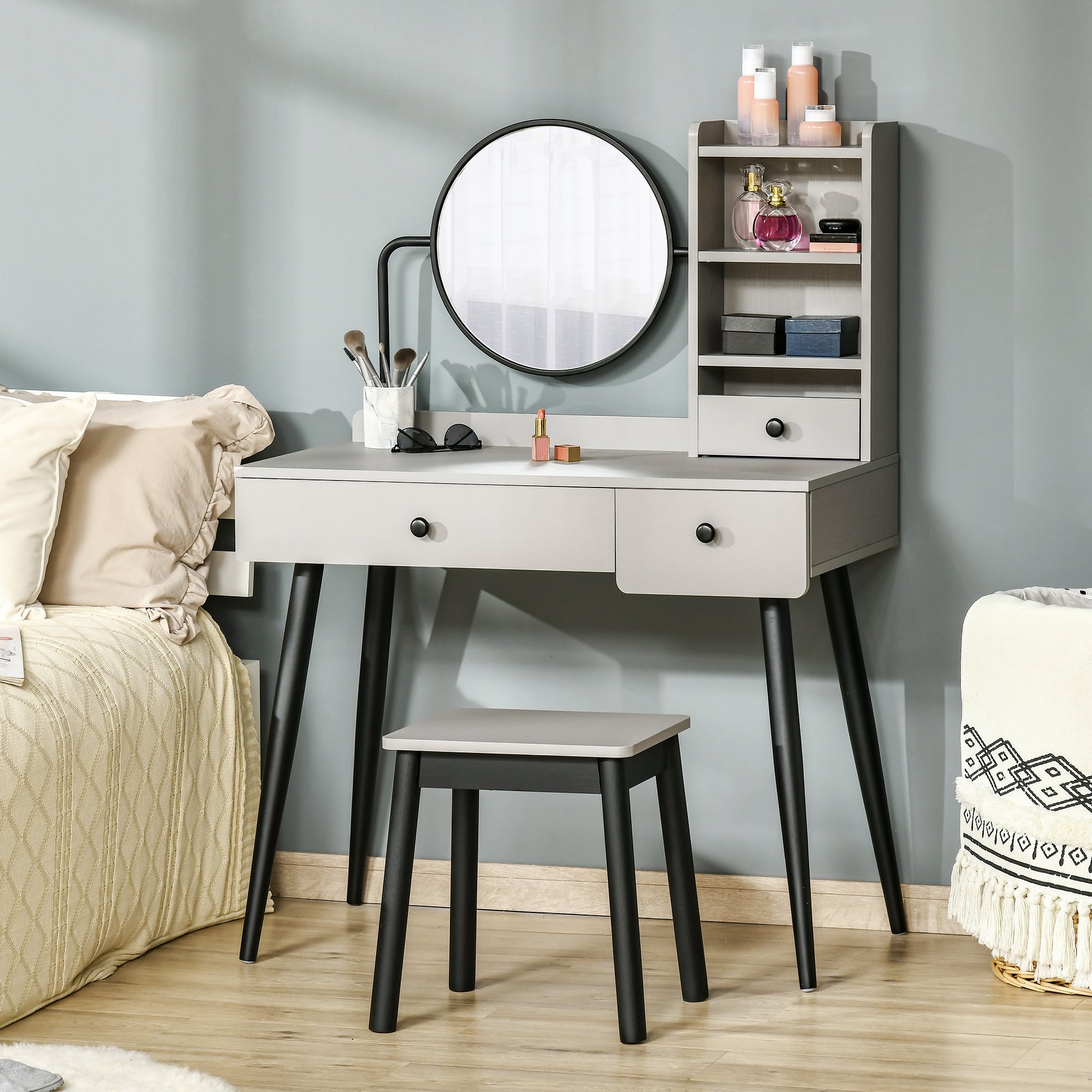 Dressing Table Set with Mirror and Stool, Vanity Makeup Table with 3 Drawers and Open Shelves for Bedroom, Living Room, Grey