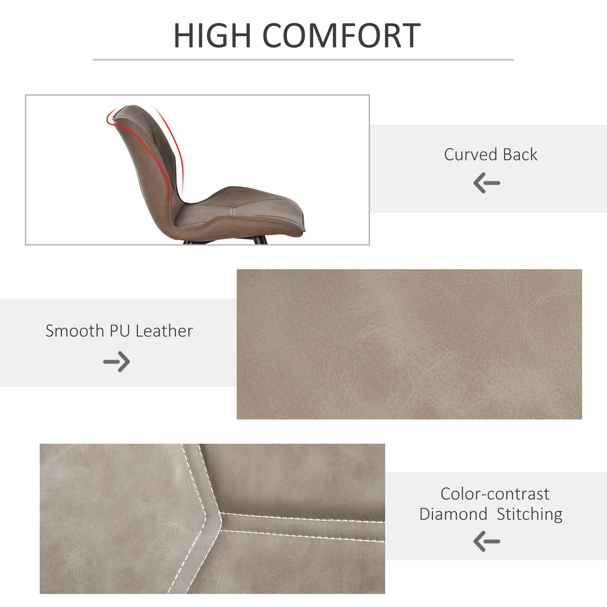 Set of 2 Contrast Stitched PU Leather Racing-Style Dining Chairs Accent Seat w/ Steel Legs Ergonomic Back Padding Home Living Room Brown