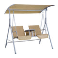 2 Seater Garden Swing Chair with Tilting Canopy, Padded Seats, Tray & Storage Bag - Beige