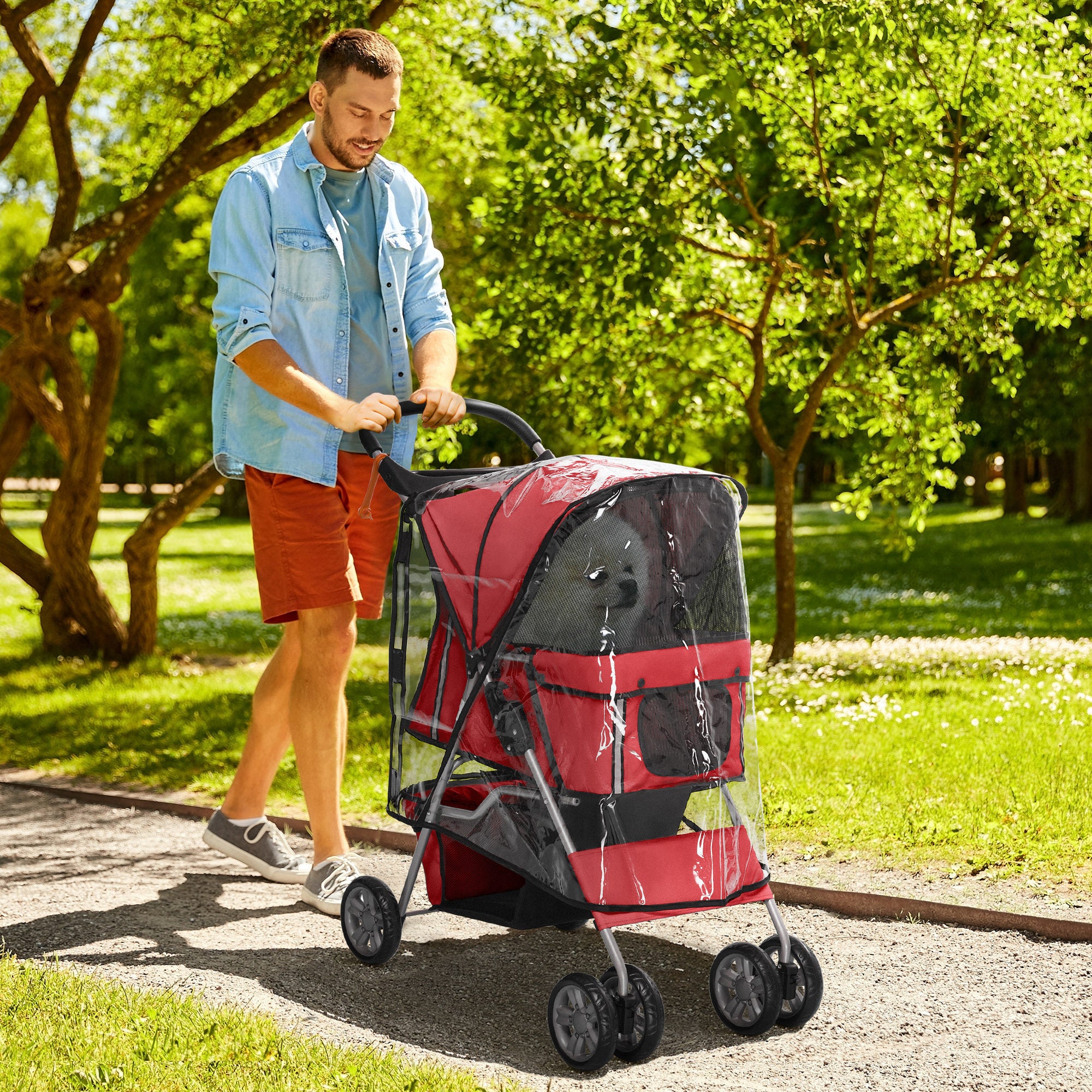 Dog Stroller with Rain Cover for Small Miniature Dogs, Folding Pet Pram with Cup Holder, Storage Basket, Reflective Strips, Red