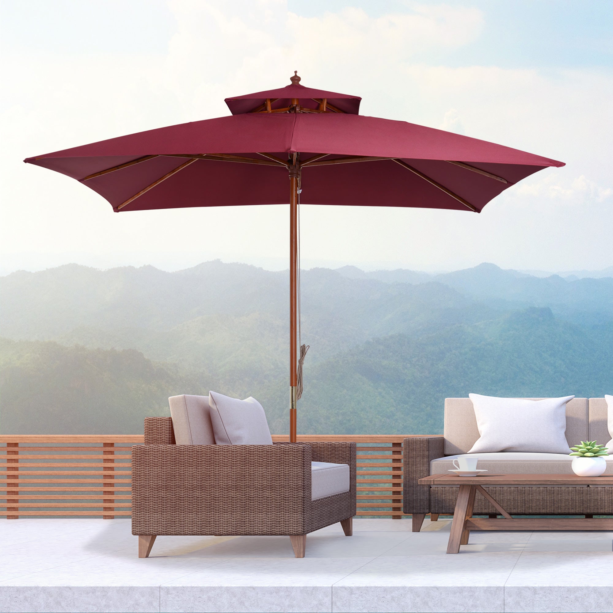 3m Patio Umbrella Bamboo Umbrella Parasol-Wine Red