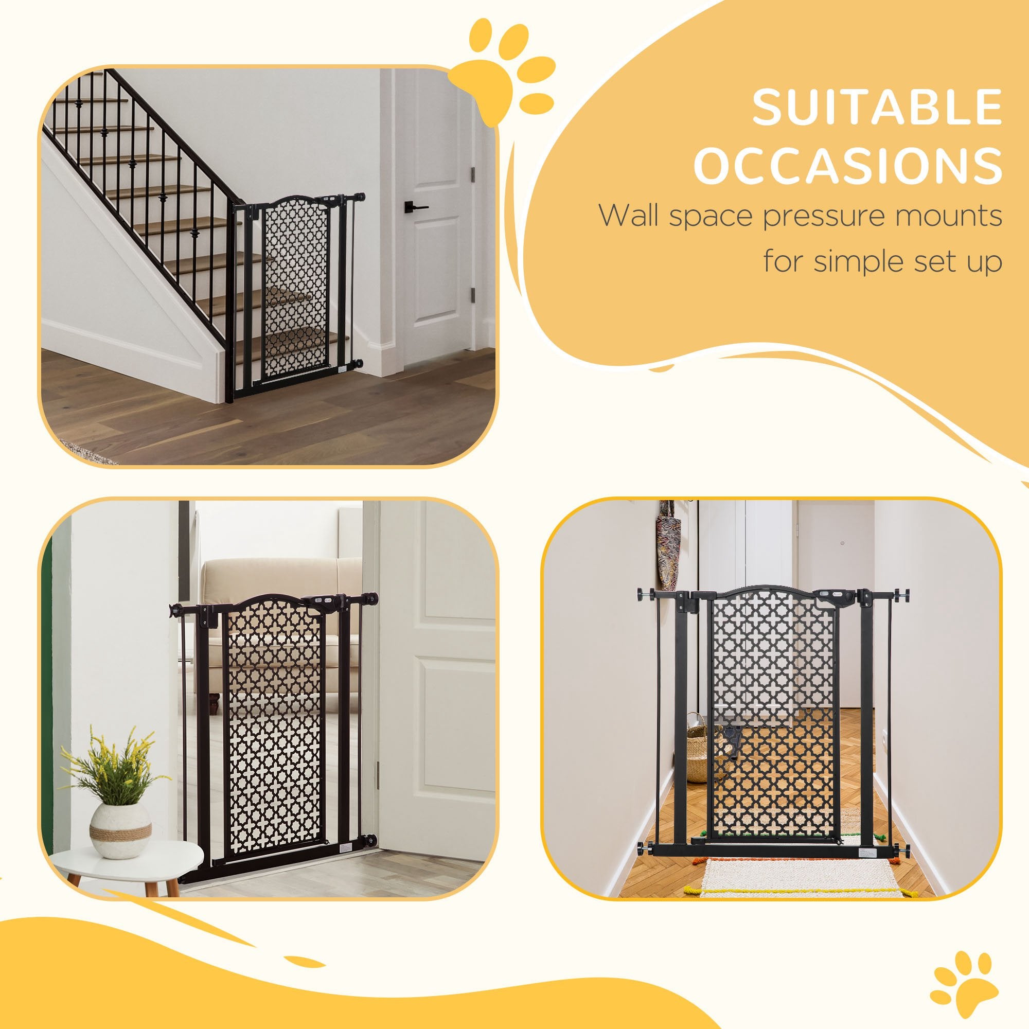 74-80 cm Pet Safety Gate Barrier Stair Pressure Fit with Auto Close and Double Locking for Doorways, Hallways, Black