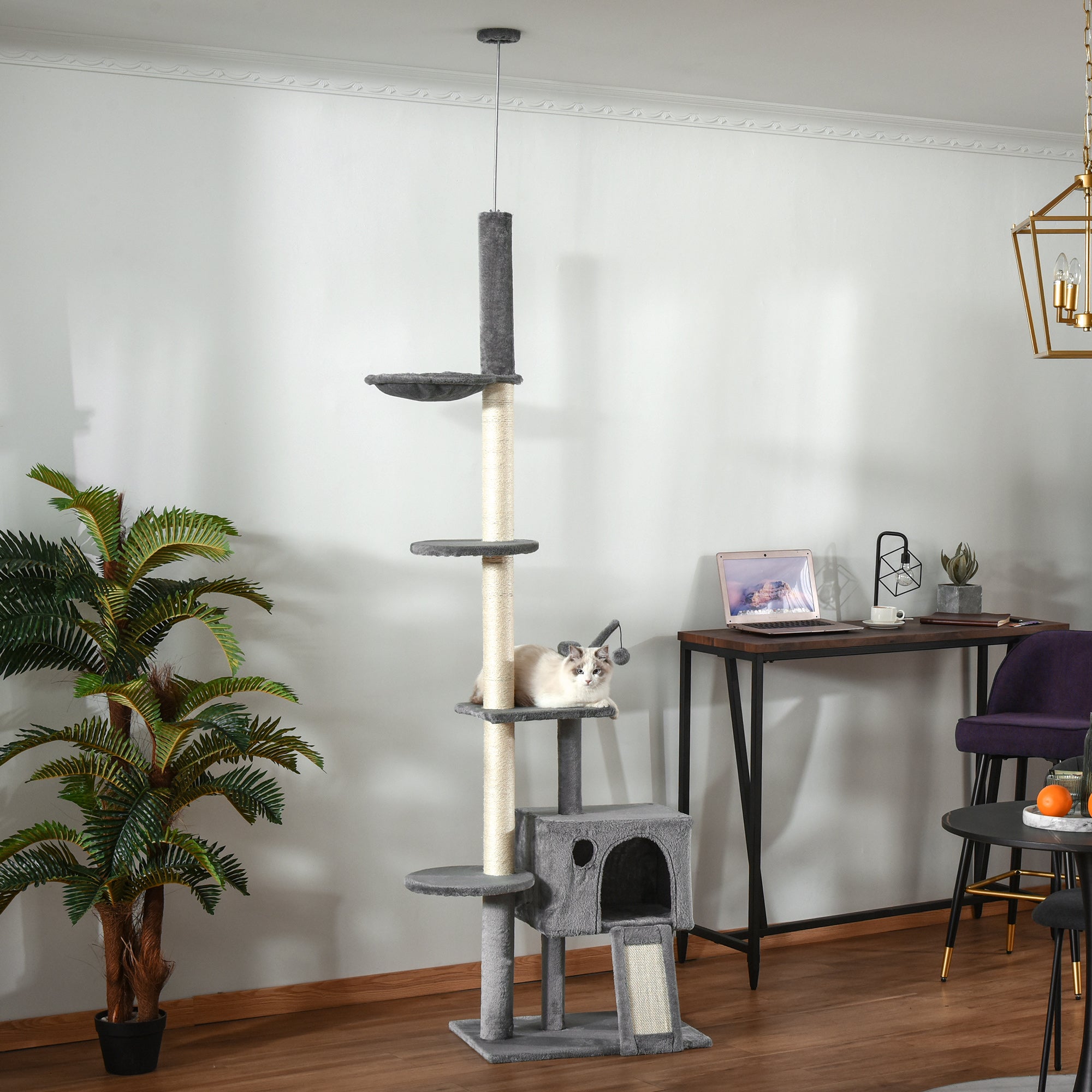 280cm Huge Cat Tower Activity Center Floor-to-Ceiling Cat Climbing Toy with Scratching Post Board Hammock Hanging Ball Rest Light Grey