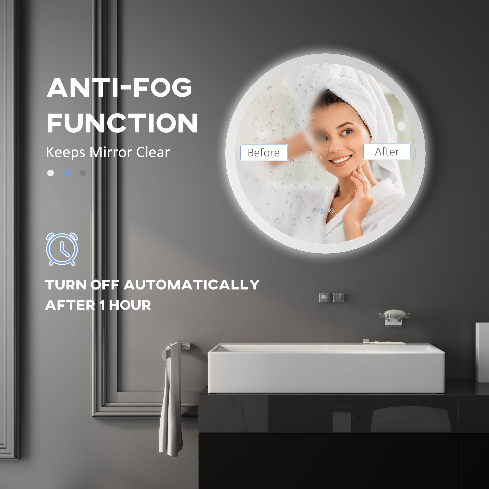 Round Illuminated Bathroom Mirrors w/ LED Lights, Wall Mount Mirror w/ 3 Colours, Anti-Fog, Memory Function & Aluminium, 70 x 70 cm