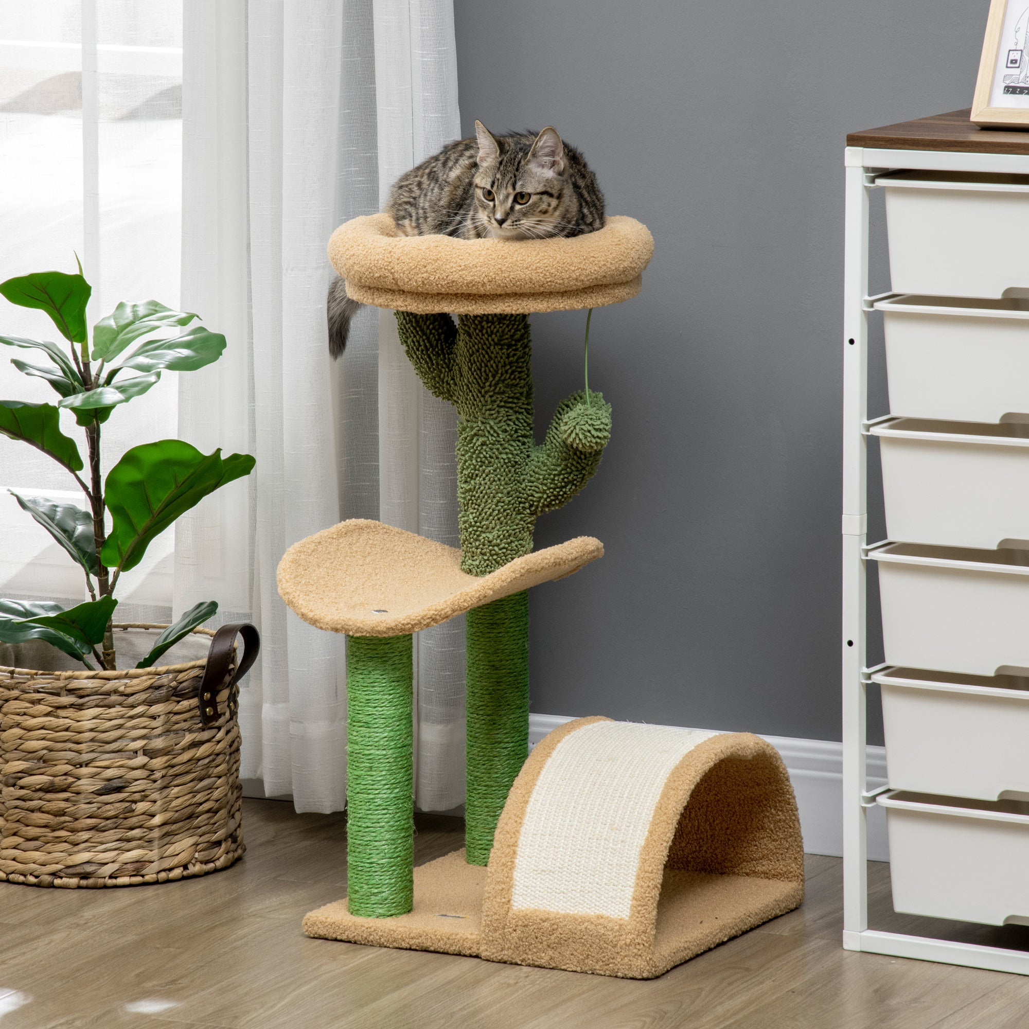 72cm Cat Tree, Kitty Activity Center, Wooden Cat Climbing Toy, Cat Tower with Bed Ball Toy Sisal Scratching Post Curved Pad, Yellow