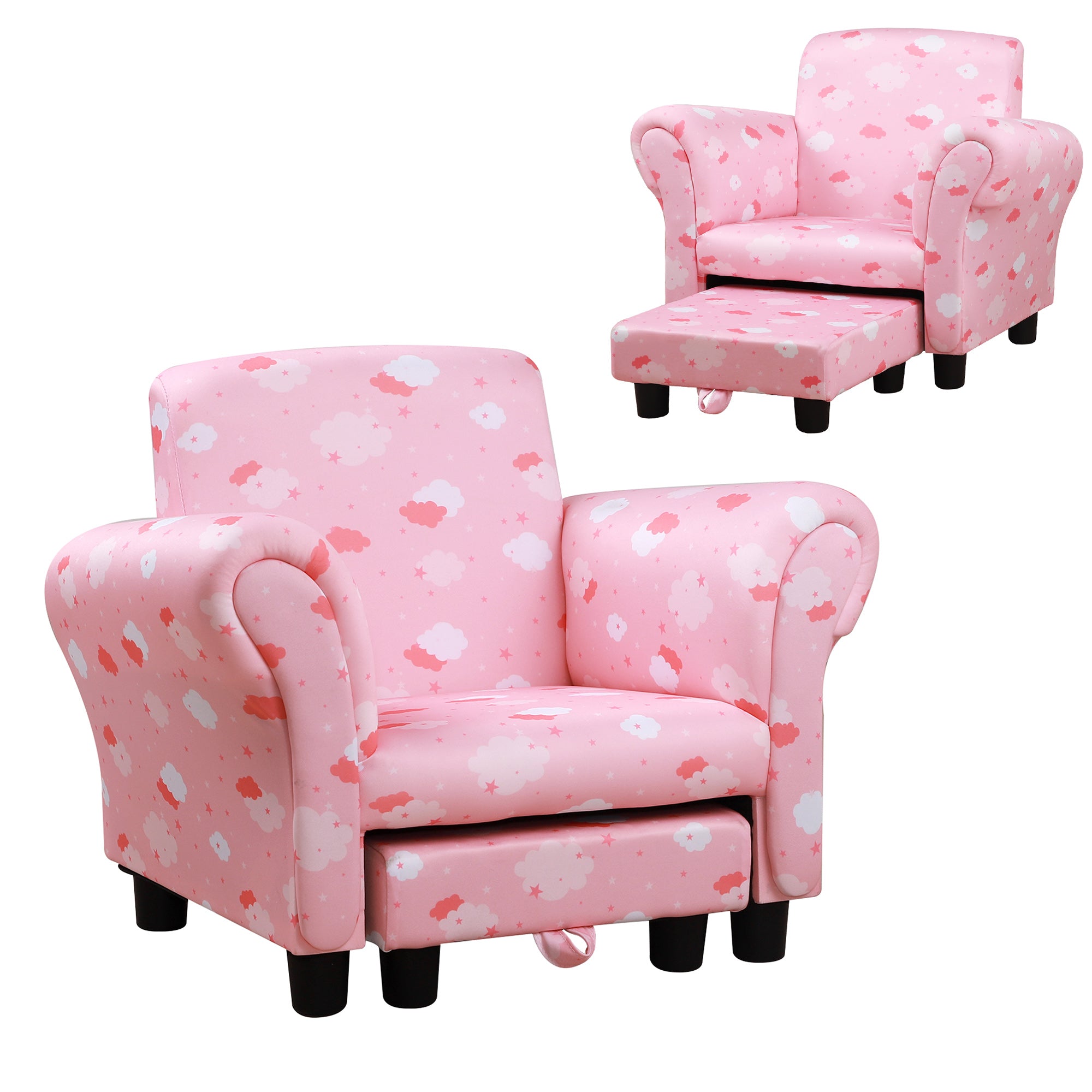 Kids Children Armchair Mini Sofa Wood Frame w/ Footrest Anti-Slip Legs High Back Arms Bedroom Playroom Furniture Cute Cloud Star Pink