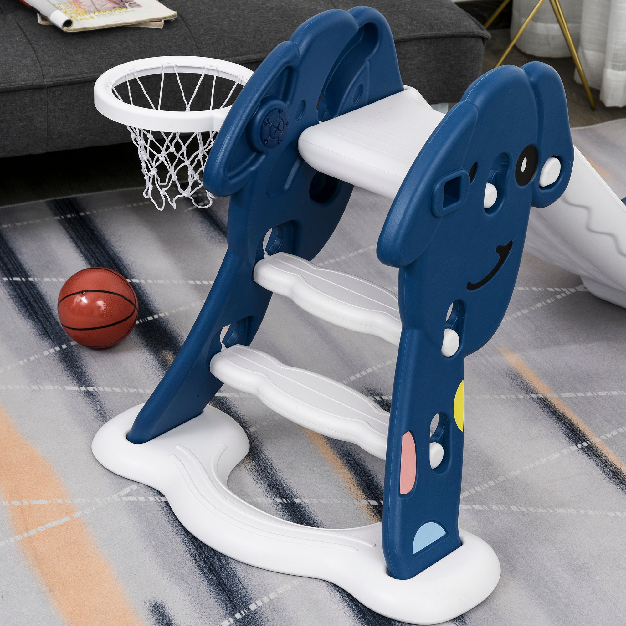 Kids Slide with Basketball Hoop Toddler Climber Freestanding Slider Playset Playground Slipping Slide Indoor Outdoor Exercise Toy Blue