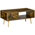 Retro Coffee Table with Open Storage Shelves and Solid Wood Legs - Rustic Brown