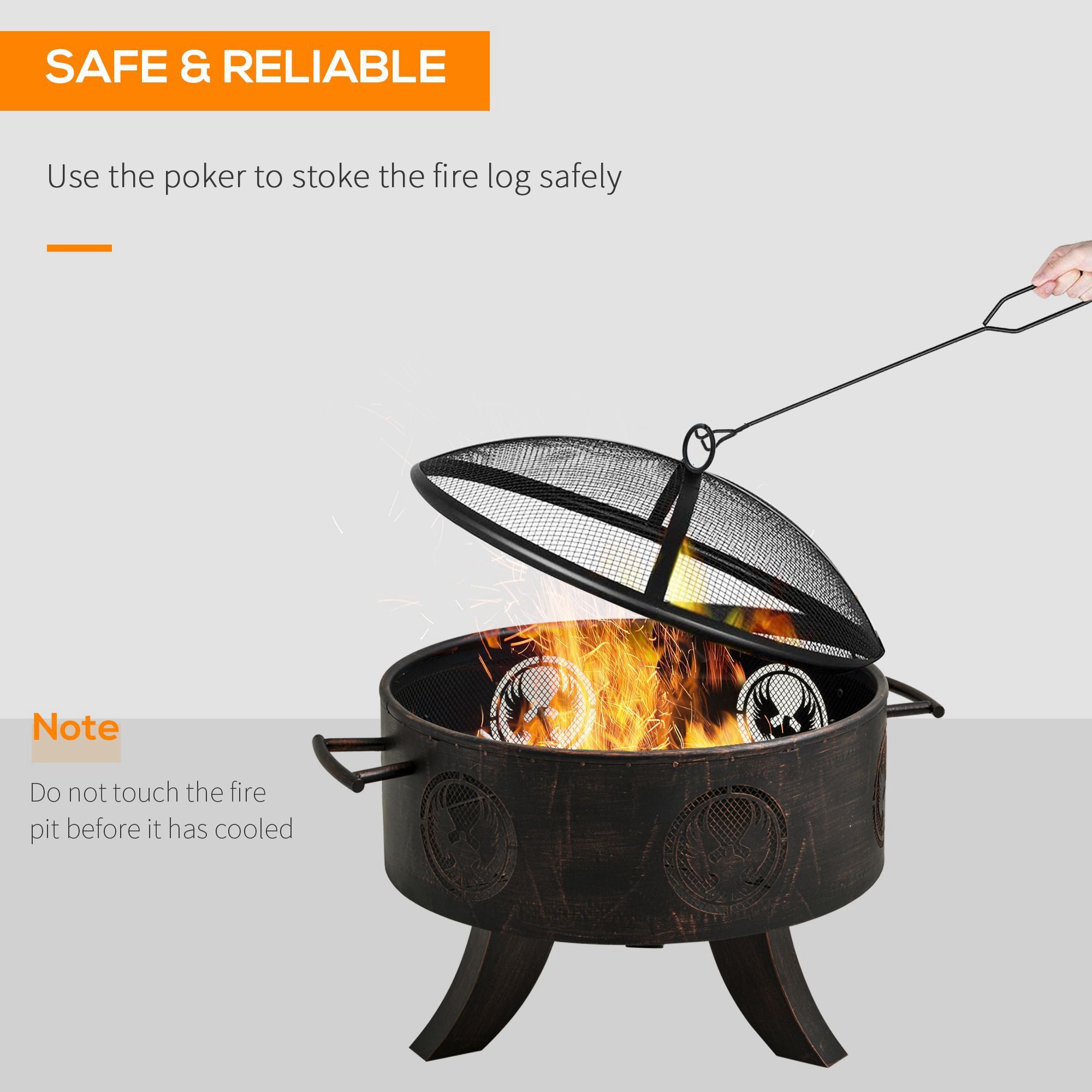 Outdoor Fire Pit Patio Heater Charcoal Log Wood Burner with Screen Cover, Fire Bowl with Poker for Backyard, Bronze Tone