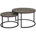Industrial Nesting Round Coffee Table Set of 2 with Faux Marbled Top and Steel Frame - Brown & Black