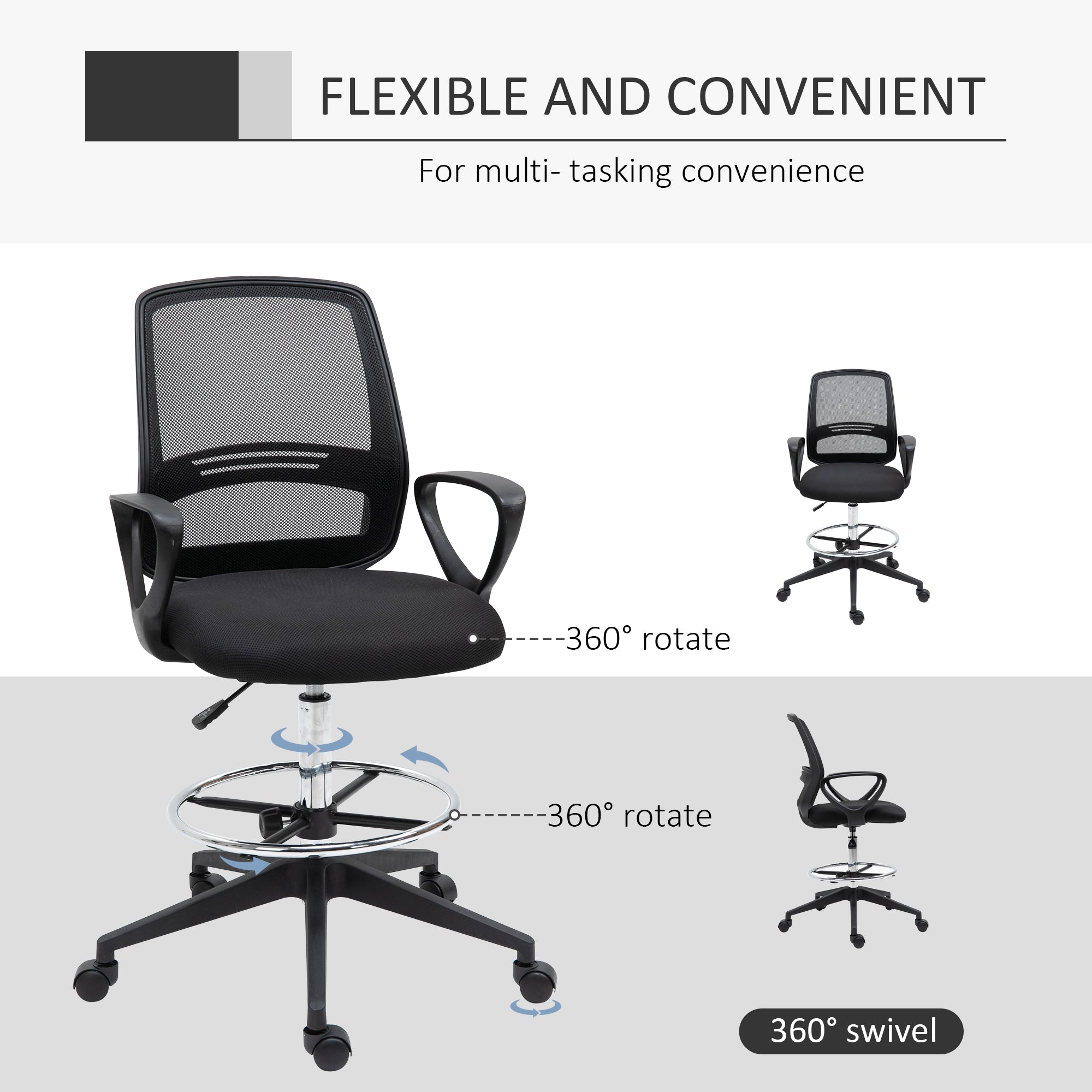 Ergonomic Mesh Back Drafting Chair Tall Office Chair with Adjustable Height and Footrest 360° Swivel