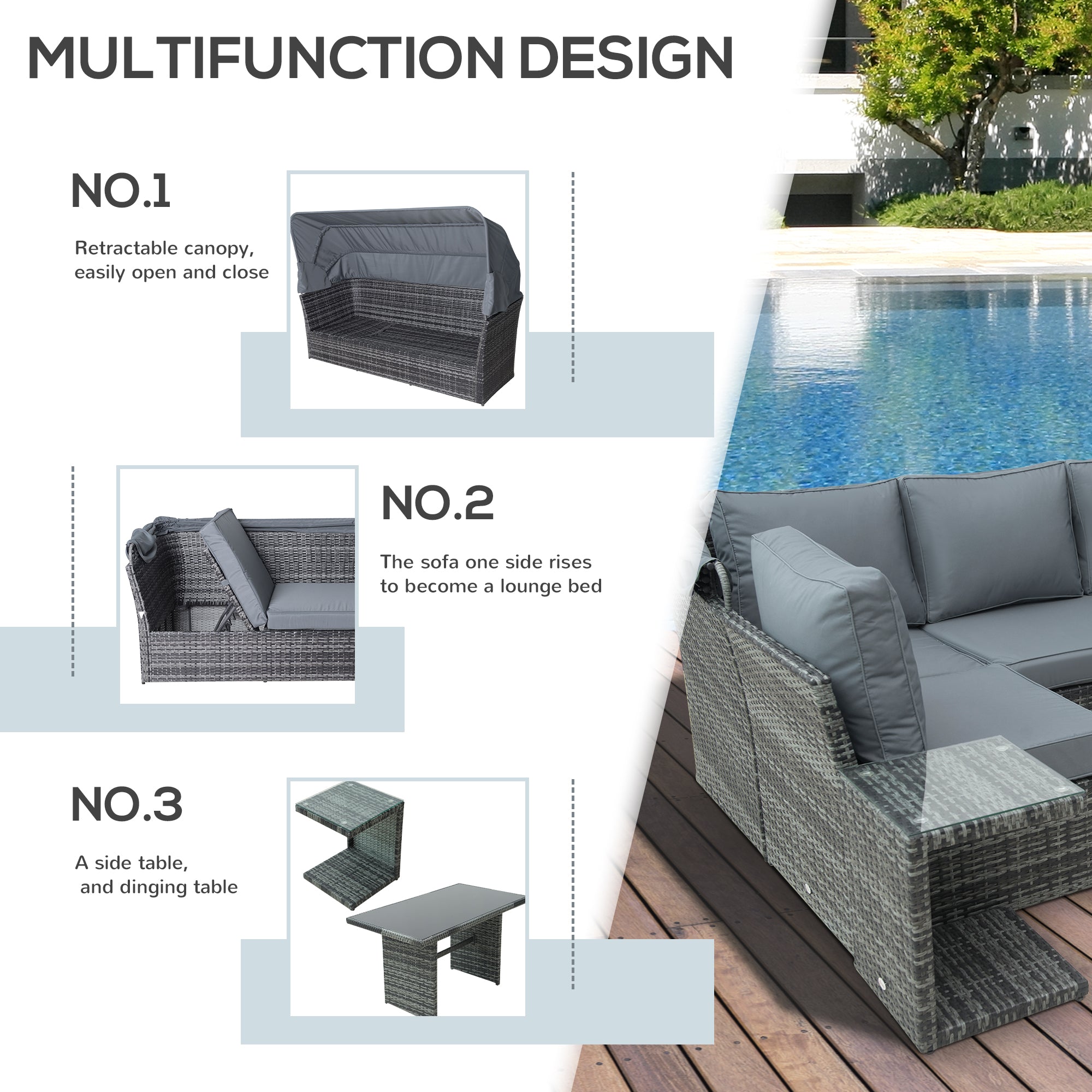 5-Seater Outdoor Rattan Garden Sofa Sets Reclining Sofa Adjustable Canopy & Side Dining Table Set, Mixed Grey