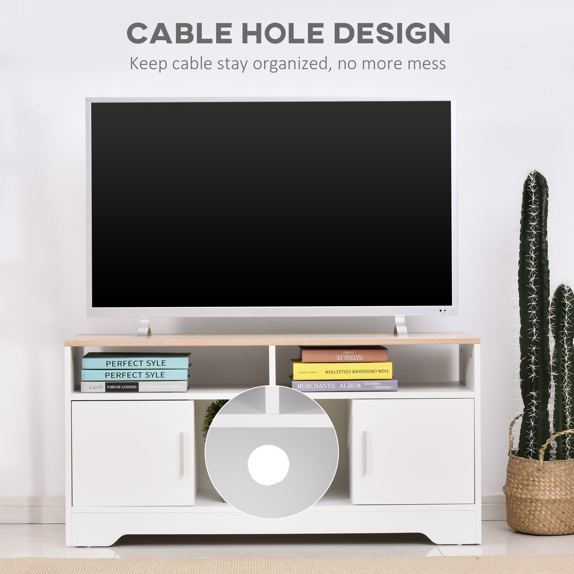 TV Stand for TVs up to 42 Inches with Cabinets, Shelves & Wide Tabletop - White & Wood Color