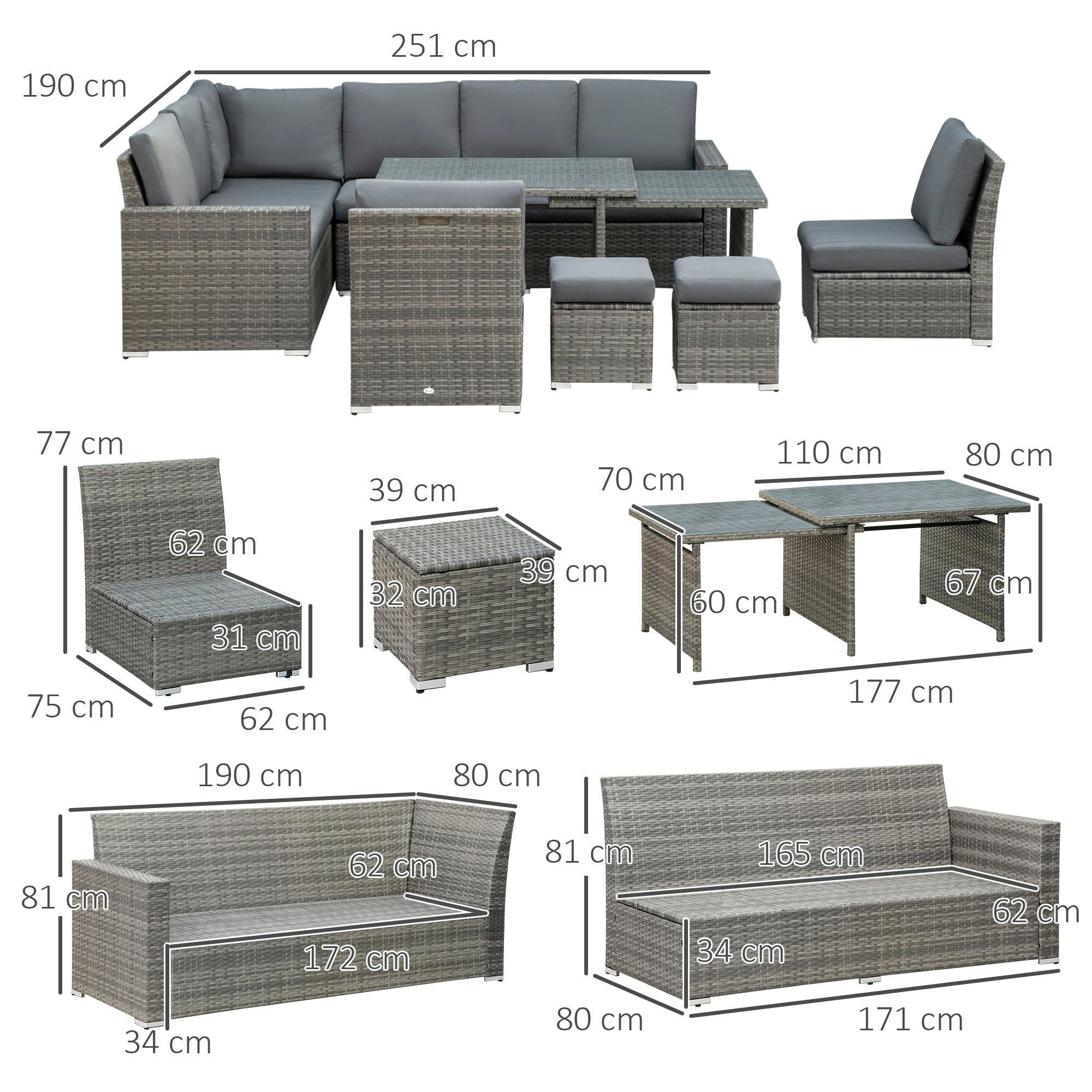 7 Piece 10-Seater Rattan Garden Sofa Set with Cushions, Footstools & Expandable Glass Table - Grey