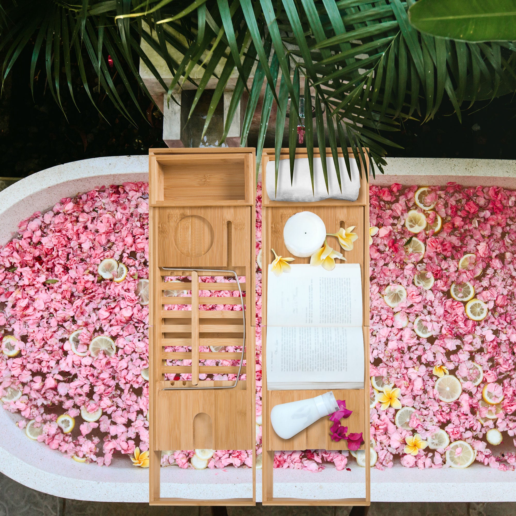 Extendable Bamboo Bathtub Shelf Rack Bath Caddy Tray Set of 2 - Bamboo