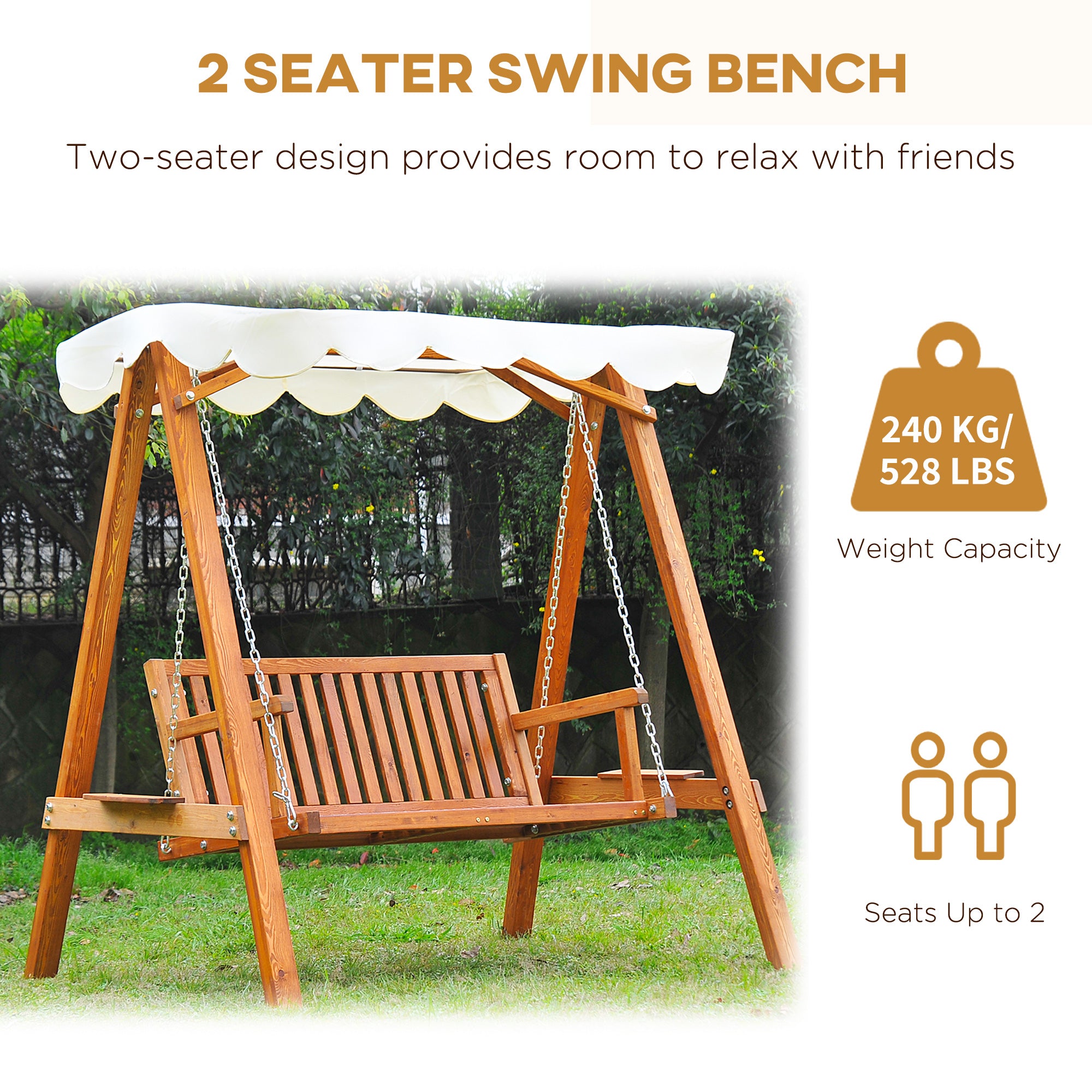 2 Seater Garden Swing Seat Wooden Swing Chair Outdoor Hammock Bench Furniture, Cream White