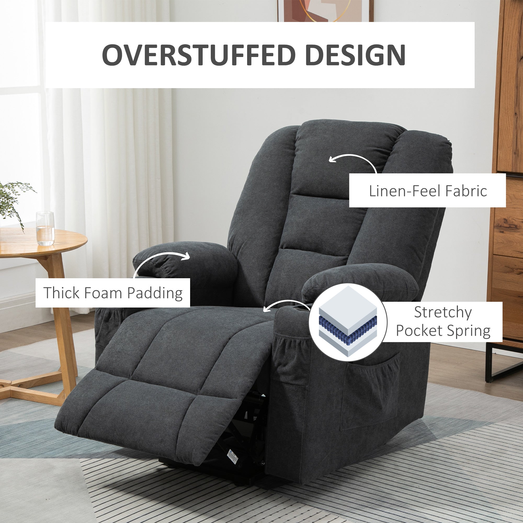 Oversized Riser and Recliner Chairs for the Elderly, Fabric Upholstered Lift for Living Room with Remote Control Side Pockets Cup Holder Grey