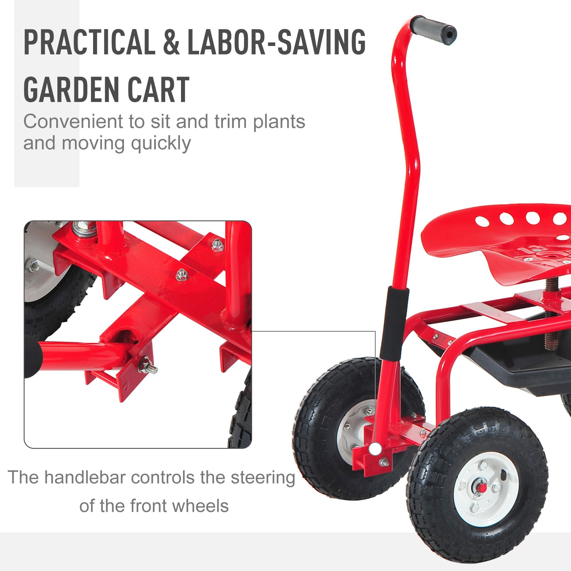 Adjustable Rolling Garden Cart Outdoor Garden Planting Station Trolley Swivel Gardener Work Seat Heavy Duty w/ Tool Tray & Basket Red 150kg