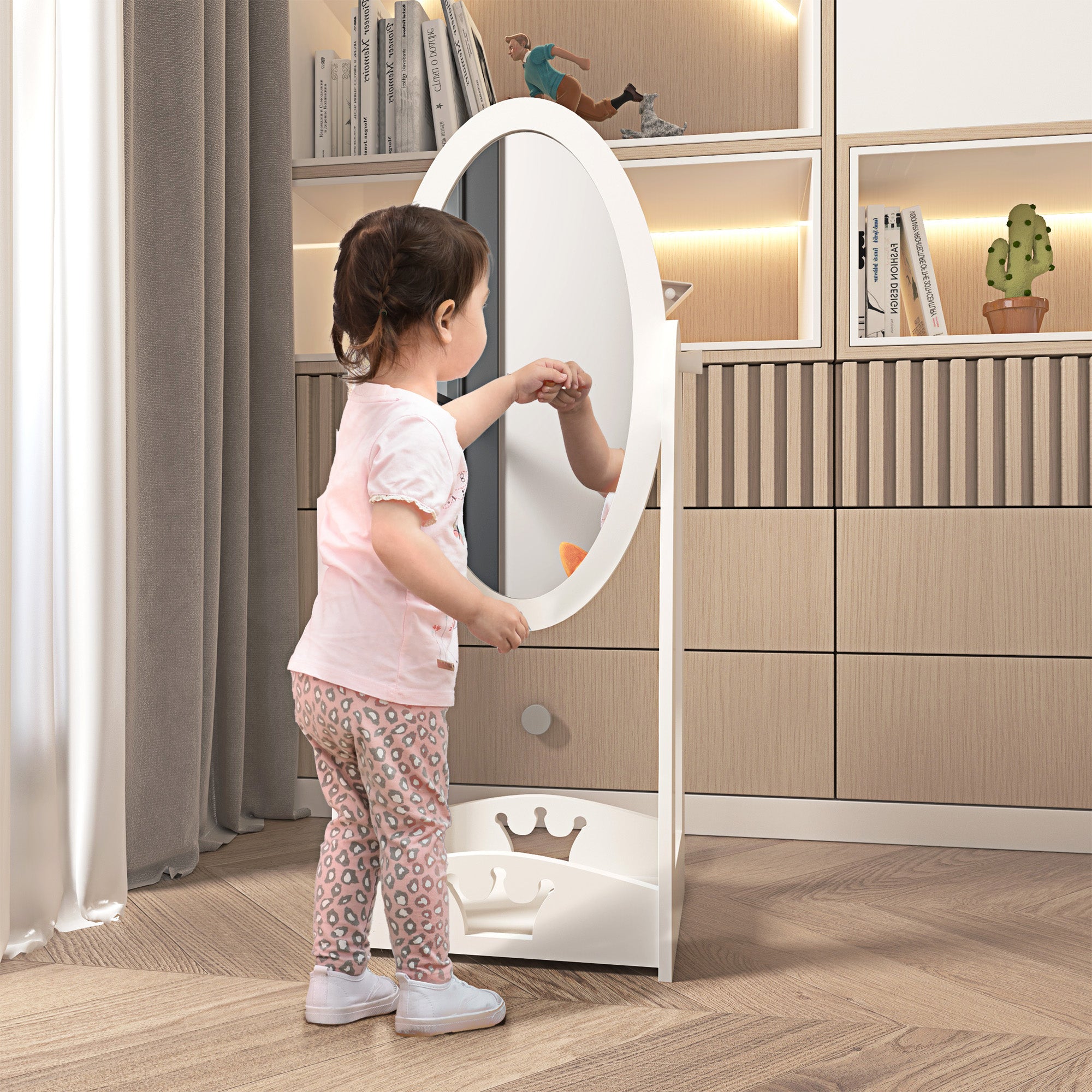 Free Standing Full Length Mirror, Child's Dressing Mirror with storage shelf 360° Rotation MDF, For 3- 8 Years Old, 40L x 30W x 104H cm