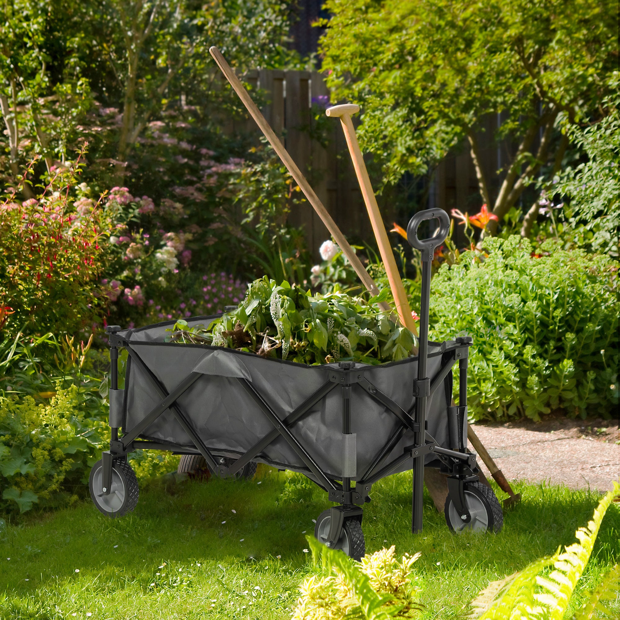 Garden Trolley, Cargo Traile on Wheels, Folding Collapsible Camping Trolley, Outdoor Utility Wagon, Dark Grey