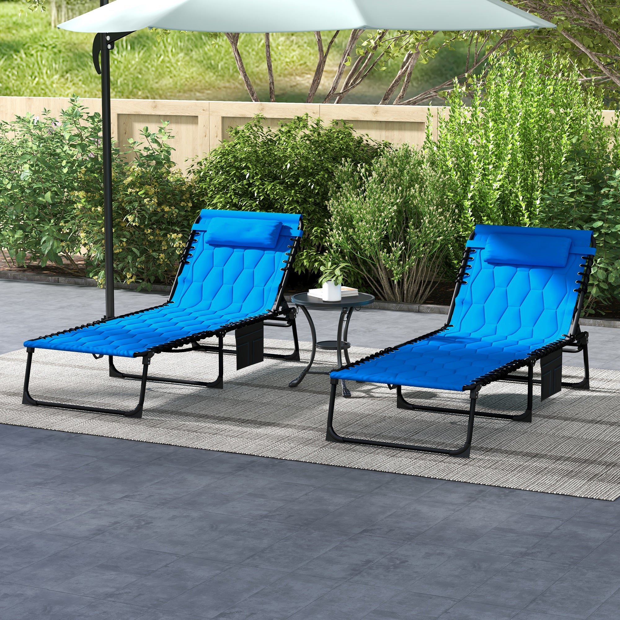 Foldable Sun Lounger Set with 5-level Reclining Back, Outdoor Tanning Chairs w/ Padded Seat, Outdoor Sun Loungers w/ Side Pocket