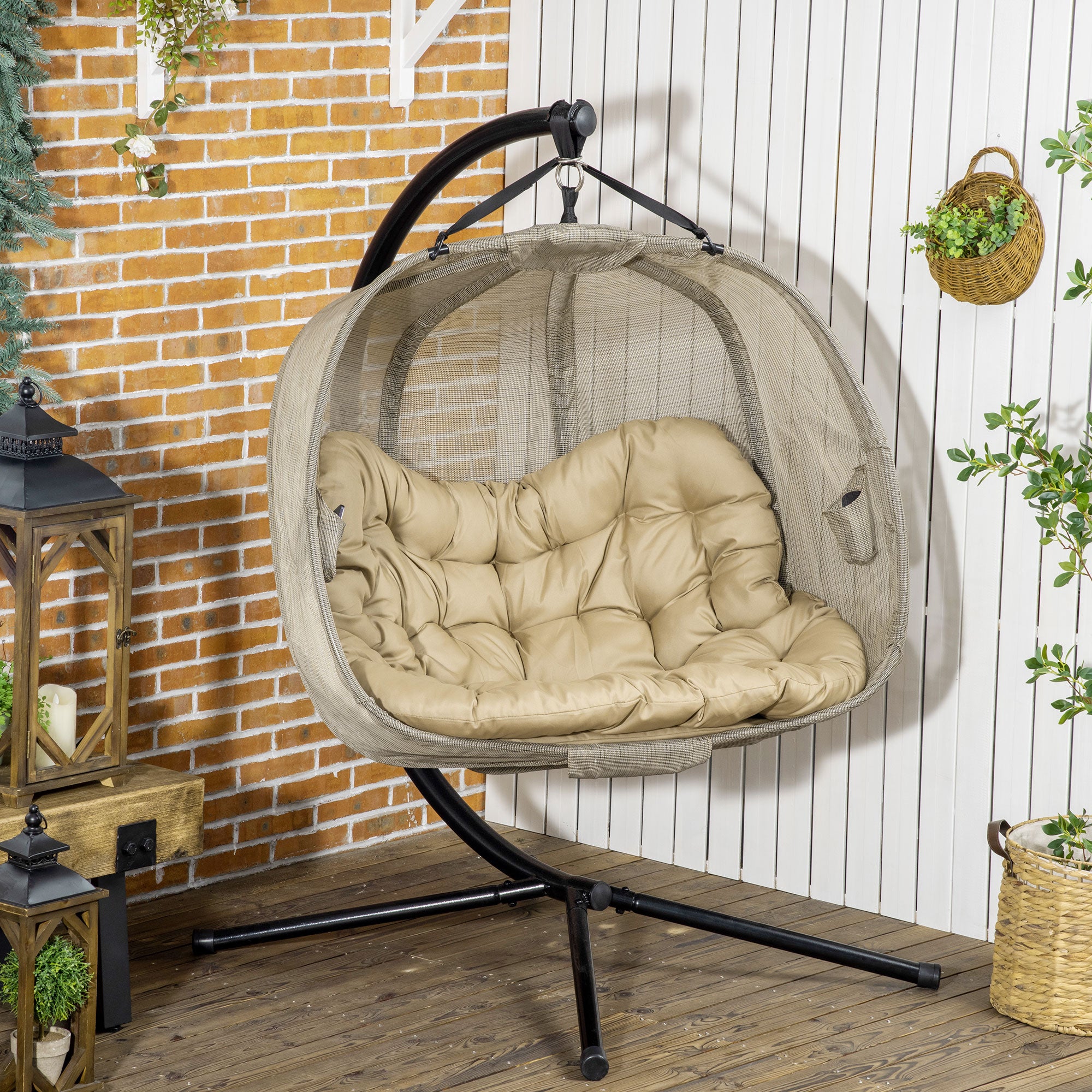 Double Hanging Egg Chair 2 Seaters Swing Hammock Chair with Stand, Cushion and Folding Design, for Indoor and Outdoor, Brown