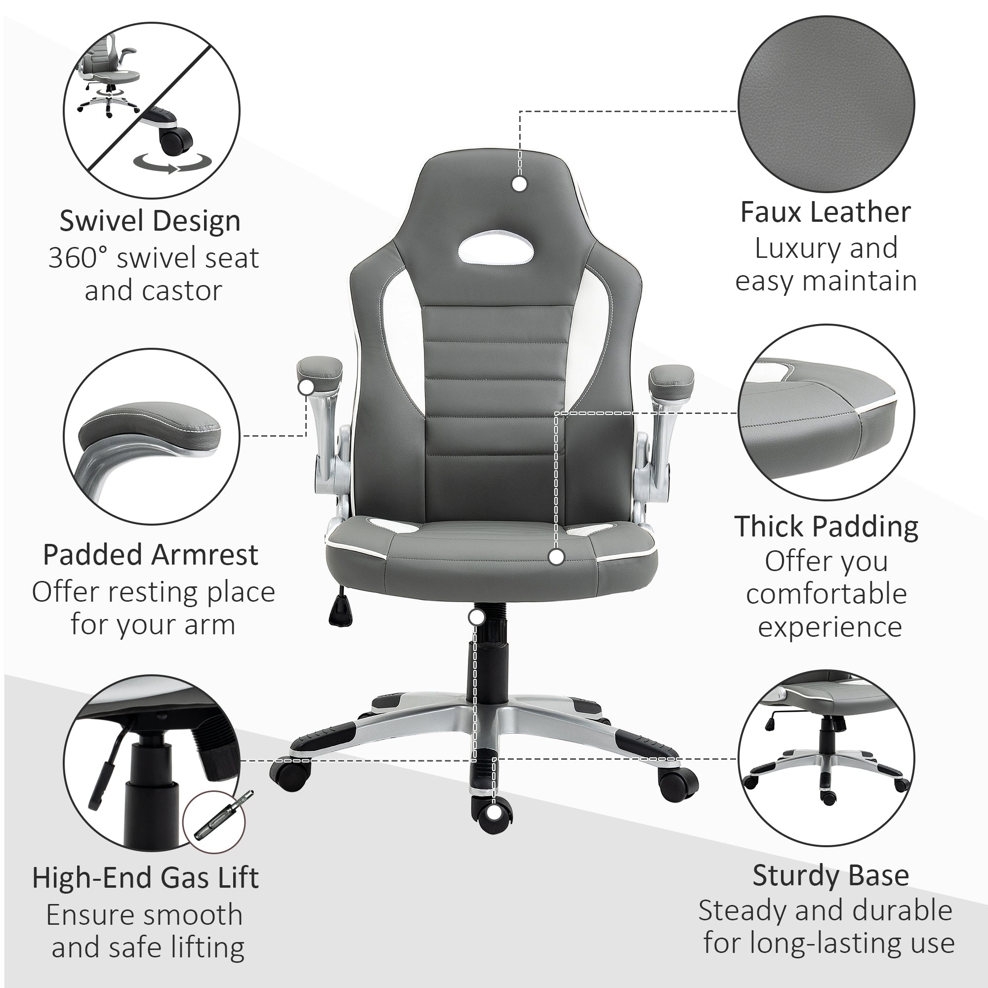 Racing Gaming Chair, PU Leather Computer Desk Chair, Height Adjustable Swivel Chair With Tilt Function and Flip Up Armrests, Grey