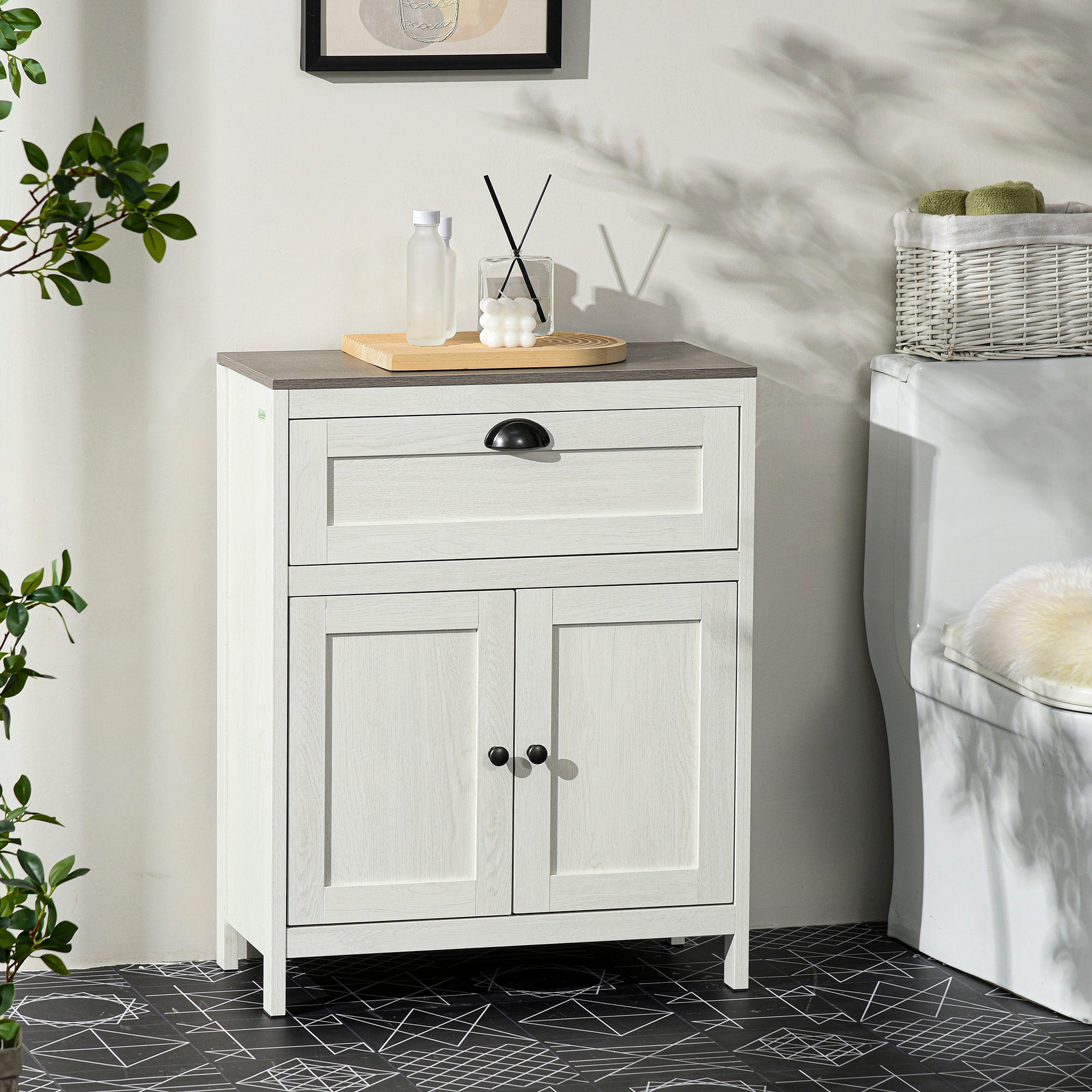 Bathroom Floor Cabinet, Freestanding Storage Cupboard with Drawer, Double Door Cabinet and Adjustable Shelf, White