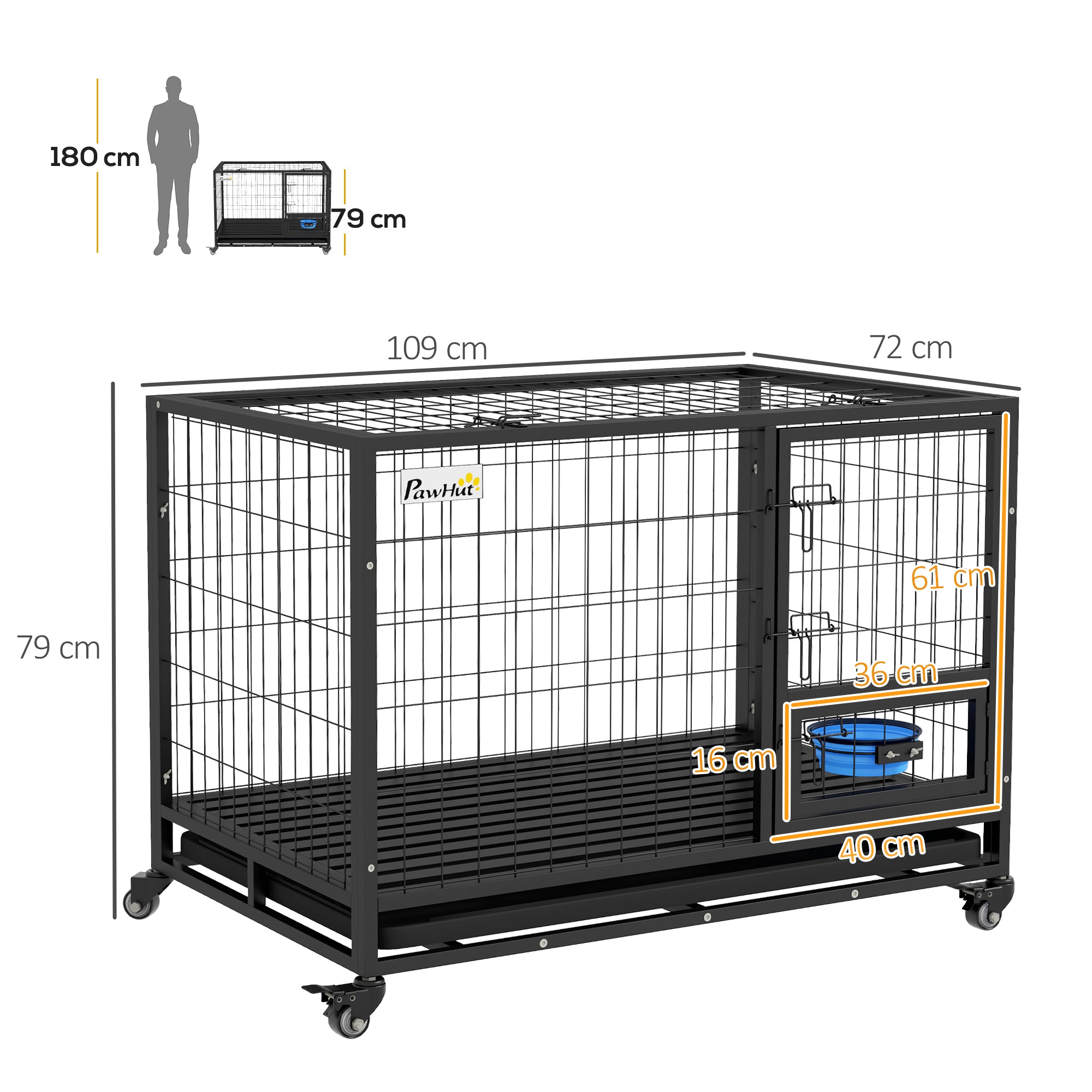 43" Heavy Duty Dog Crate on Wheels w/ Bowl Holder, Removable Tray, Detachable Top, Double Doors for L, XL Dogs