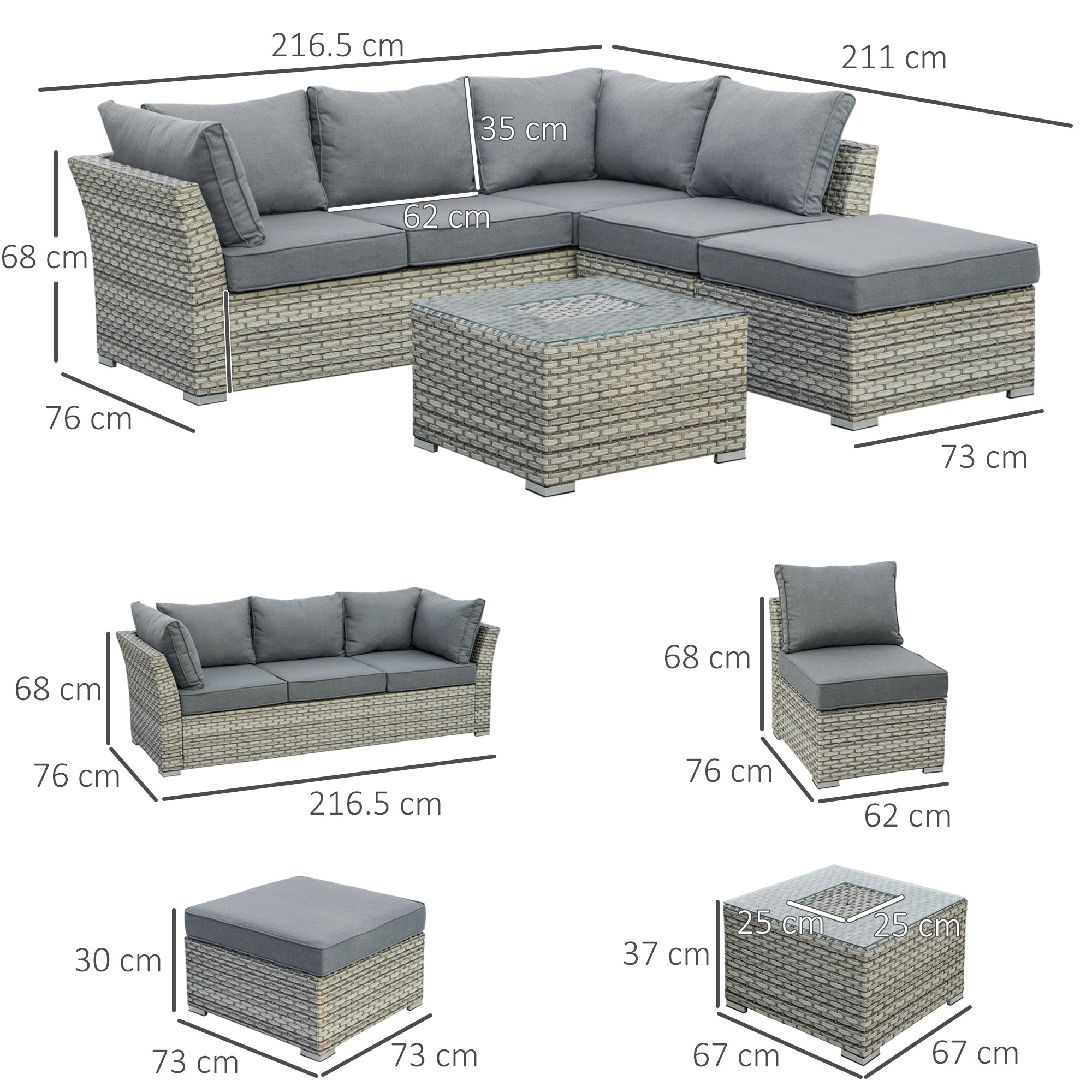 5-Seater PE Rattan Sofa Set Patio Corner Sofa Wicker Sectional Conversation Aluminum Frame Furniture Set w/ Padded Cushion, Light Grey